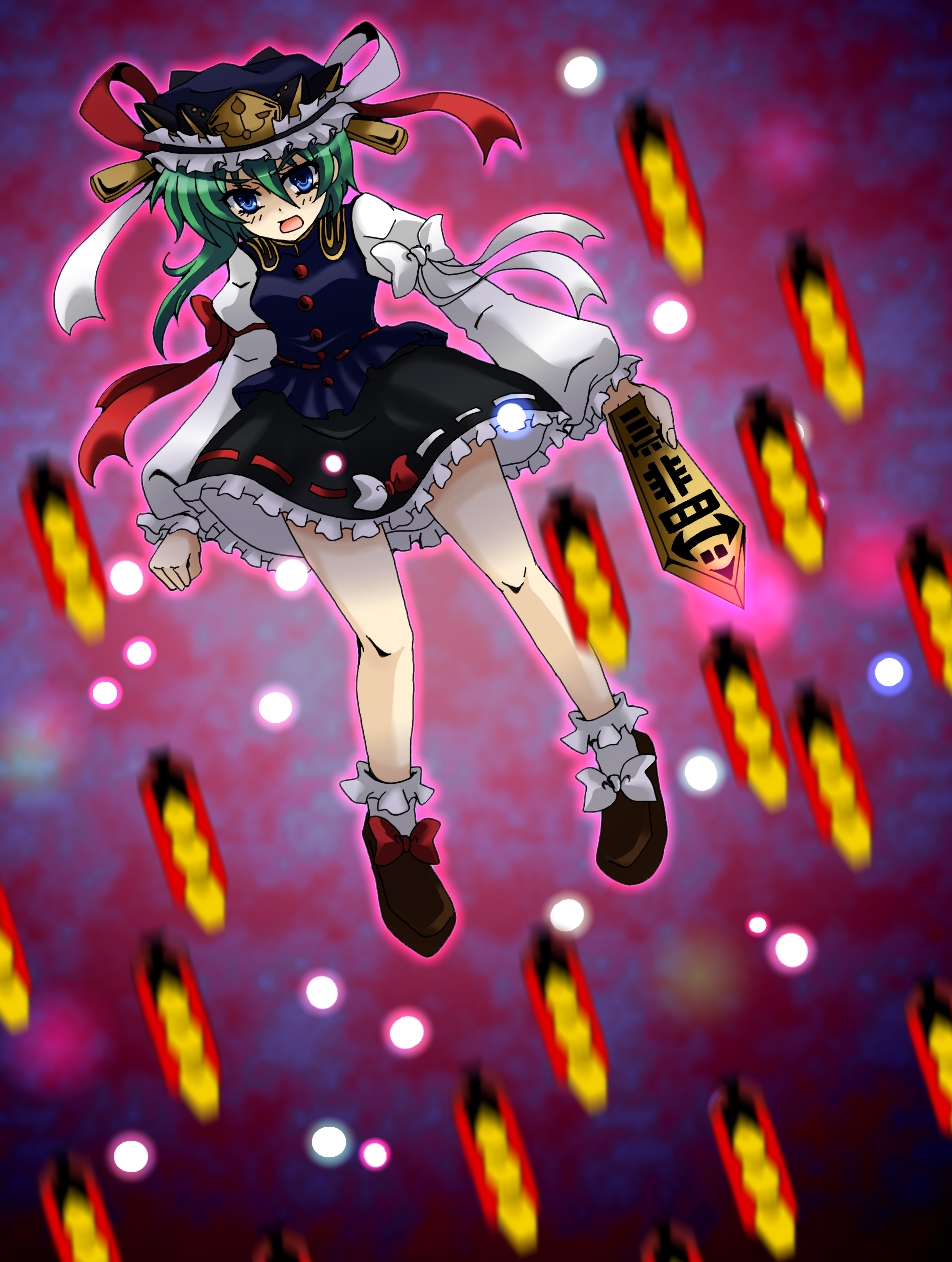 umeshyu sake, shiki eiki, touhou, highres, 1girl, blue eyes, bow, danmaku, female focus, full body, green hair, hat, ribbon, rod of remorse, solo