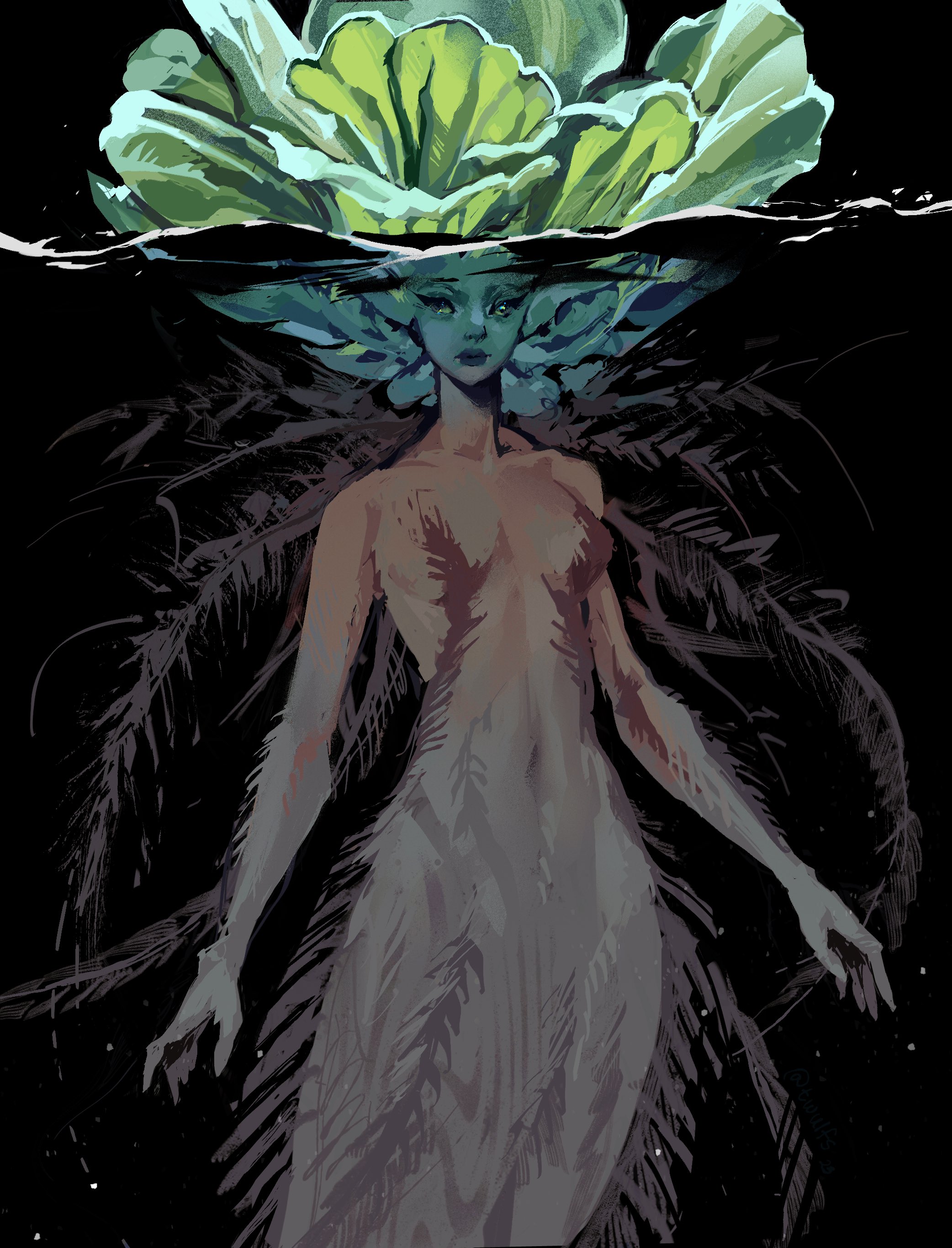 original, absurdres, commentary, english commentary, highres, tagme, 1girl, black background, colored extremities, colored skin, fins, green hair, looking at viewer, mermaid, monster girl, nude, outstretched arms, painterly, partially submerged, simple background, solo, tendrils from back, twulfs