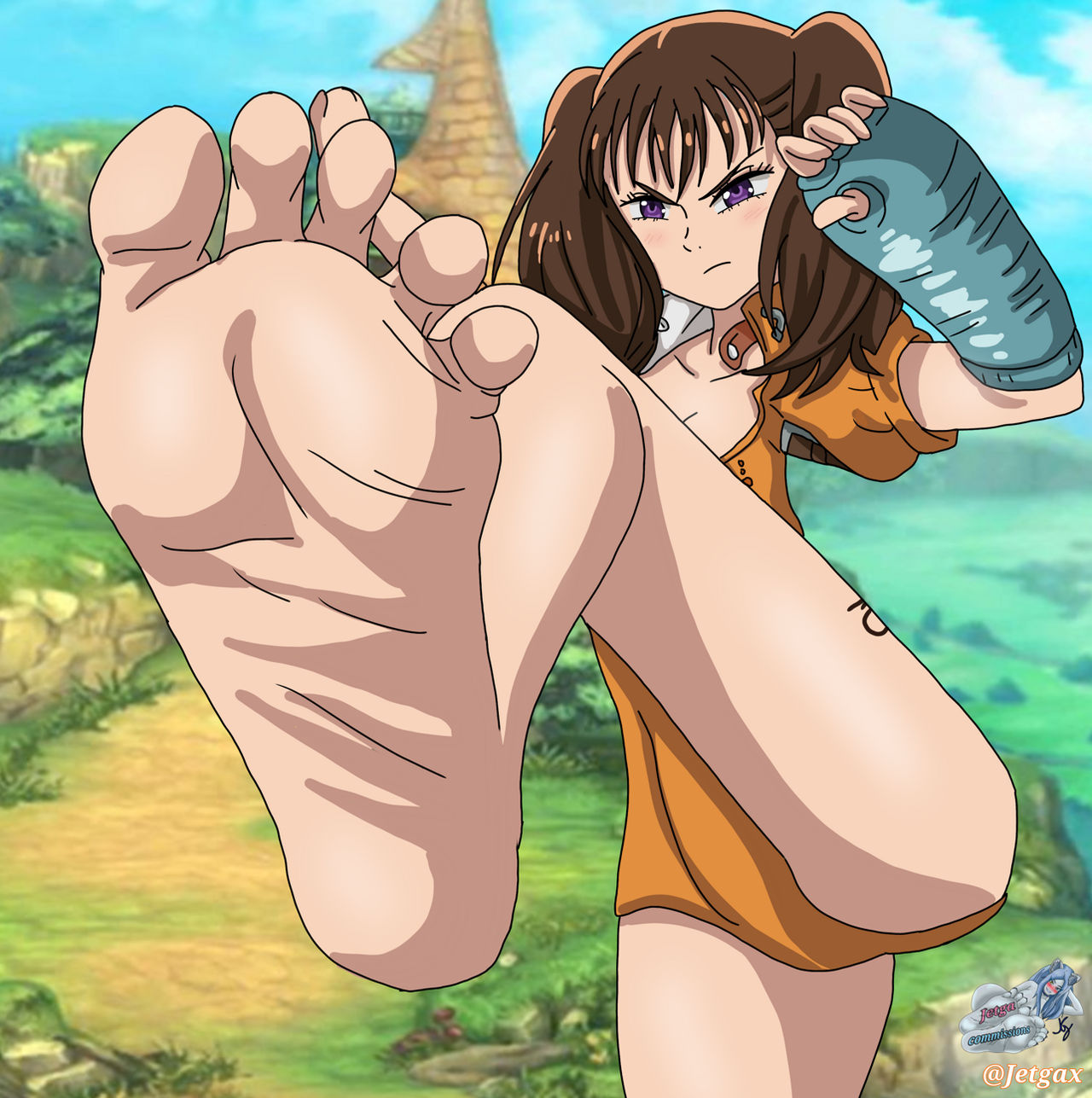 jetga, diane (nanatsu no taizai), nanatsu no taizai, 1girl, brown hair, feet, foot focus, giant, purple eyes, short hair