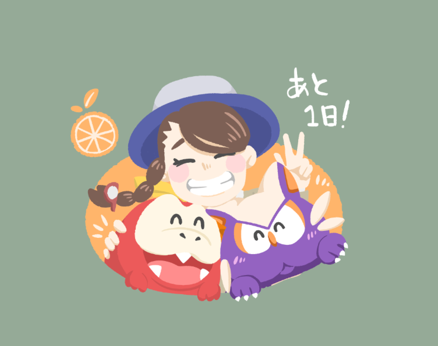 bird p sknp, fuecoco, juliana (pokemon), stunky, nintendo, pokemon, pokemon sv, commentary request, translation request, 1girl, blush, blush stickers, braid, brown hair, closed eyes, closed mouth, eyelashes, fangs, gen 4 pokemon, green background, grey hat, hat, long hair, nostrils, notice lines, open mouth, pokemon (creature), simple background, single braid, smile, teeth