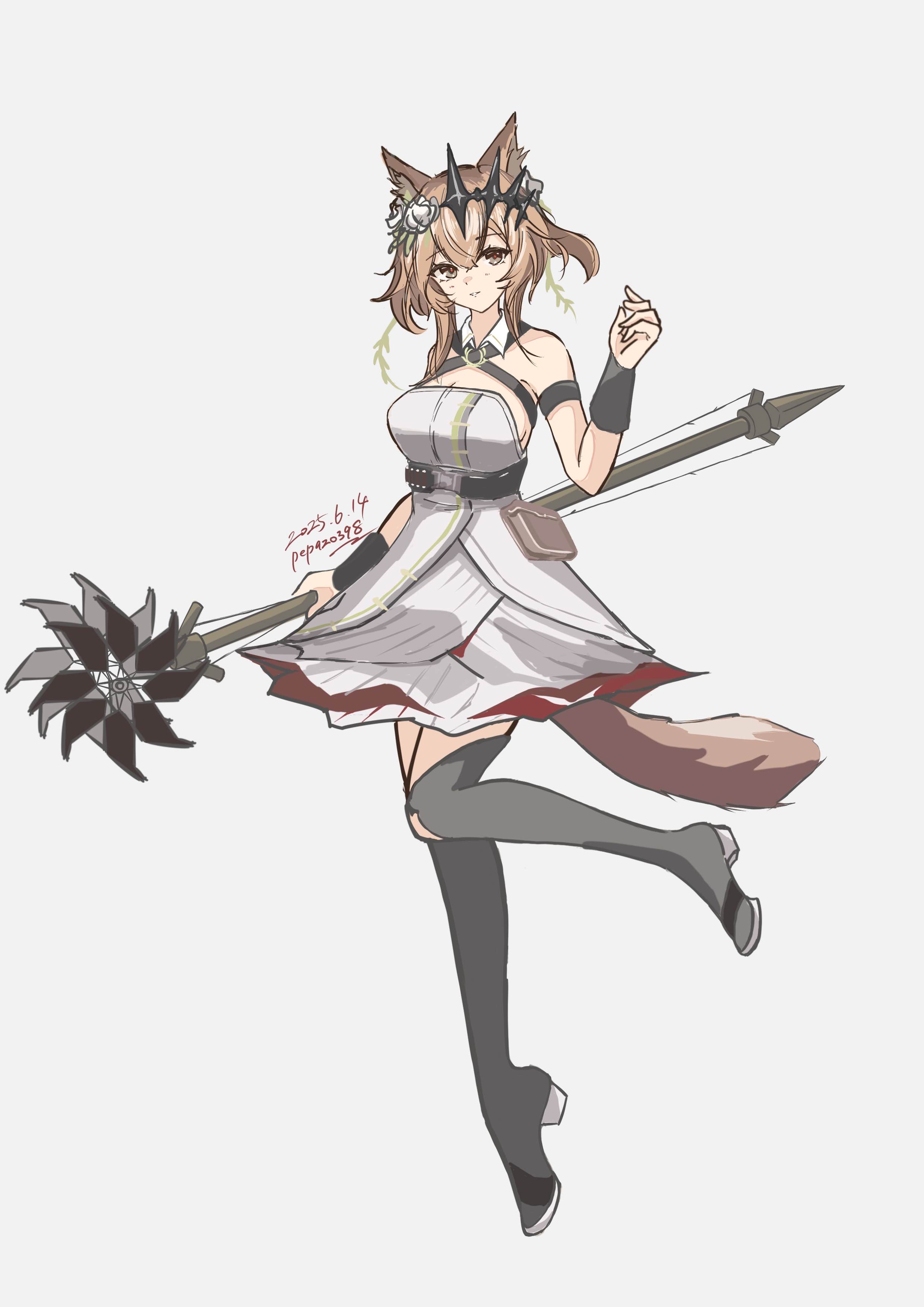 pepazo398, vendela (arknights), arknights, absurdres, commentary request, highres, partial commentary, 1girl, animal ears, bare shoulders, belt, black tiara, boots, breasts, brown eyes, brown hair, cat ears, cat girl, chest strap, cleavage, detached sleeves, diamond-shaped pupils, diamond (shape), dress, expressionless, flower, full body, grey background, hair between eyes, hair flower, hair ornament, hand up, high belt, holding, holding staff, large breasts, looking at viewer, red pupils, rose, short hair, signature, simple background, solo, staff, standing, standing on one leg, strapless, strapless dress, symbol-shaped pupils, tail, thigh boots, tiara, white dress, white flower, white rose, wristband