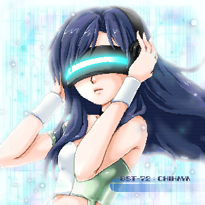 inpr, kisaragi chihaya, mecha chihaya, idolmaster, idolmaster (classic), visor, lowres, 1girl, bare shoulders, blue hair, cool & sexy (idolmaster), covering own ears, female focus, head-mounted display, headphones, long hair, midriff, pixel art, scanlines, solo, wind