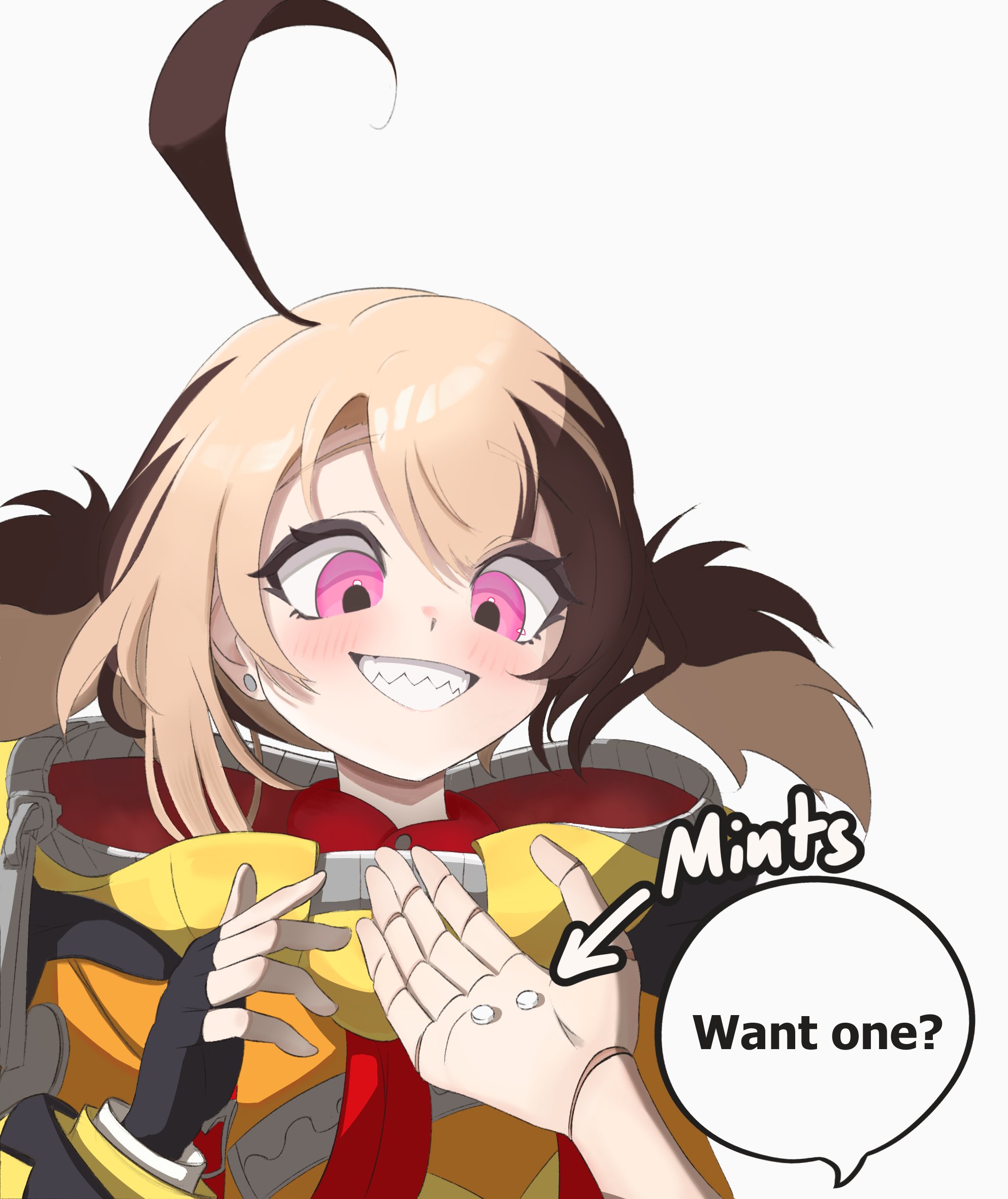 squaerart, cecilia immergreen, gigi murin, gigi murin (1st costume), hololive, hololive english, commentary, english commentary, highres, ahoge, brown hair, earrings, gloves, hood, hoodie, jewelry, mint, multicolored hair, multiple girls, pink eyes, smile, stud earrings, teeth, twintails, two-tone hair, virtual youtuber