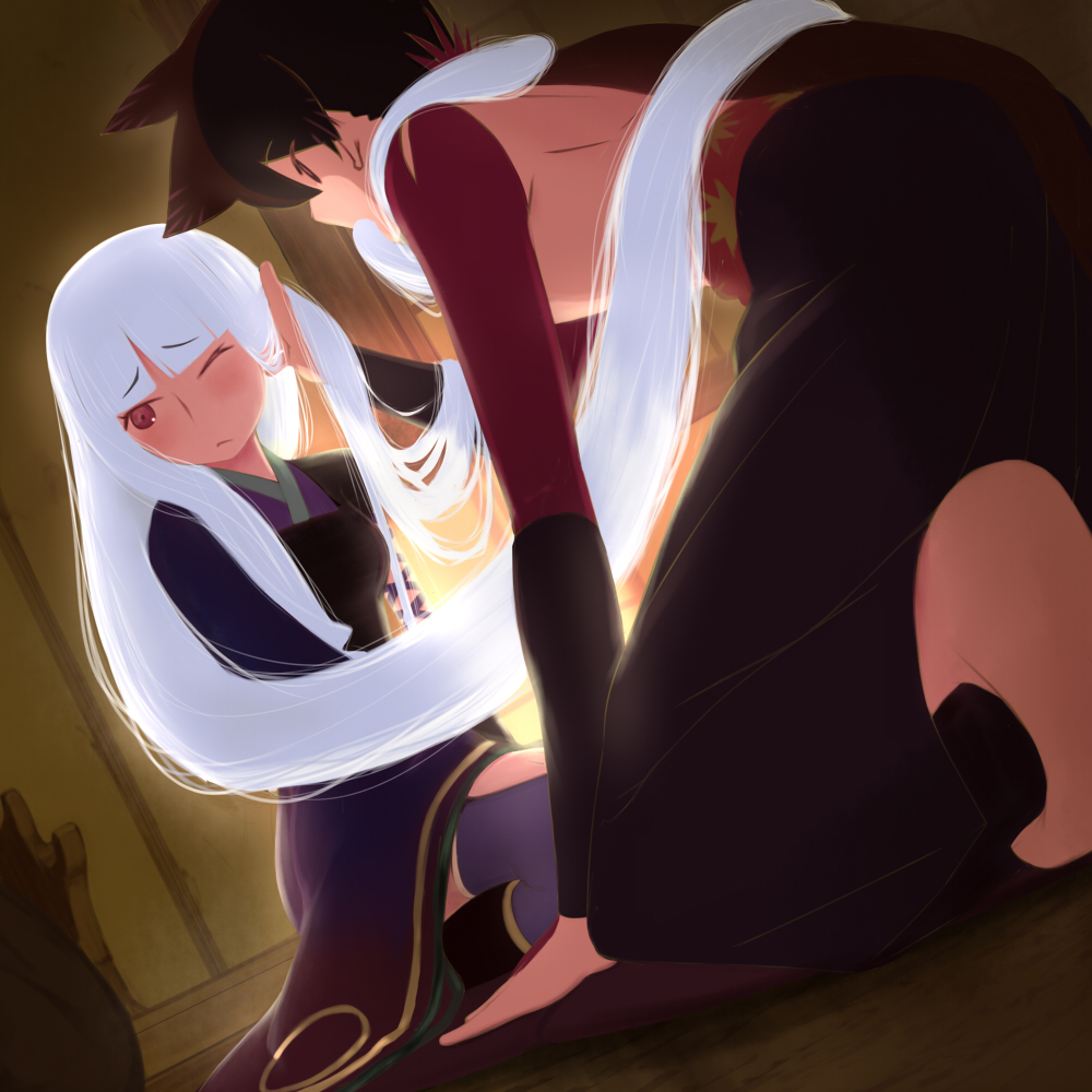 kanna asuke, togame, yasuri shichika, katanagatari, 1boy, 1girl, grabbing another's hair, holding another's hair, long hair, red eyes, very long hair, white hair