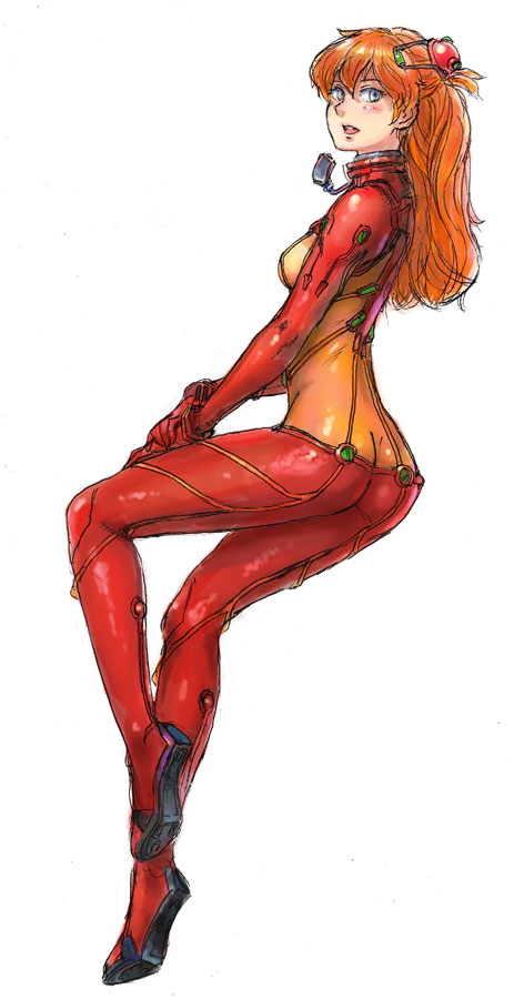 marmelo, souryuu asuka langley, evangelion: 2.0 you can (not) advance, neon genesis evangelion, rebuild of evangelion, 00s, 1girl, :d, ass, blue eyes, blush, bodysuit, bracer, butt crack, female focus, from side, full body, gloves, hair ornament, hand on own thigh, long hair, long legs, looking at viewer, looking back, mecha pilot suit, open mouth, orange hair, own hands together, plugsuit (evangelion), red bodysuit, red hair, see-through bodysuit, see-through clothes, shiny clothes, simple background, sitting, sketch, skin tight, smile, solo, test plugsuit (evangelion), turtleneck, two side up, very long hair, white background, wide hips