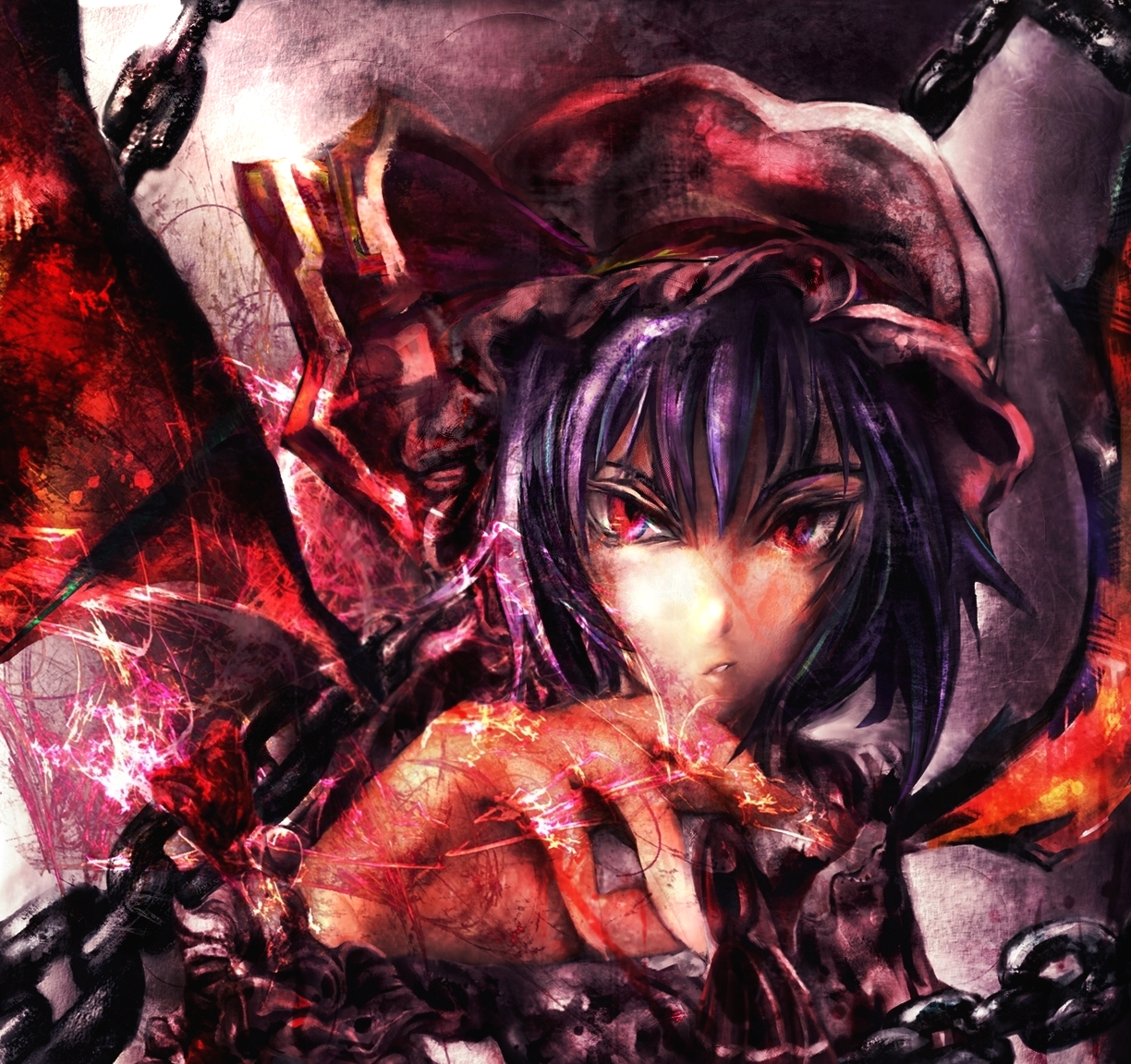 kuro kichi, remilia scarlet, touhou, bad id, bad pixiv id, 1girl, bat wings, blue hair, chain, female focus, hat, red eyes, short hair, solo, wings