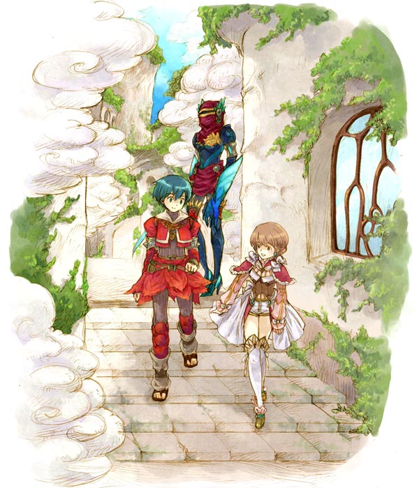 saikachi (ogre tree), guillo (baten kaitos), milly (baten kaitos), sagi (baten kaitos), baten kaitos, baten kaitos origins, commentary request, 1boy, 1girl, 1other, belt, belt pouch, blue eyes, blue hair, bodice, bow, brown belt, brown eyes, brown hair, cropped jacket, earrings, jacket, jewelry, kneehighs, long sleeves, open clothes, open jacket, pouch, red jacket, sandals, short hair, short shorts, shorts, smile, socks, stairs, waist cape, walking, white bow, white shorts, white socks