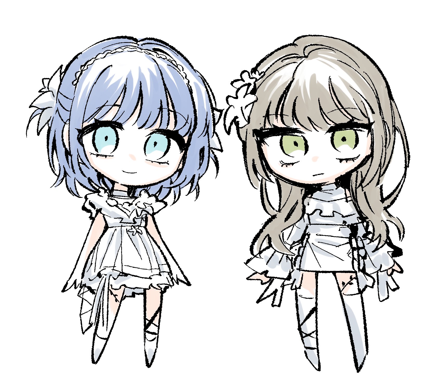 neonfloyd, bang dream!, commentary request, highres, korean commentary, 2girls, bang dream! our notes, blue eyes, blue hair, dress, flower, green eyes, grey hair, hair flower, hair ornament, hairband, hamasaki mahoro, kotohira nagi, long sleeves, multiple girls, short hair, short sleeves, simple background, thighhighs, white background, white dress, white hairband, white thighhighs