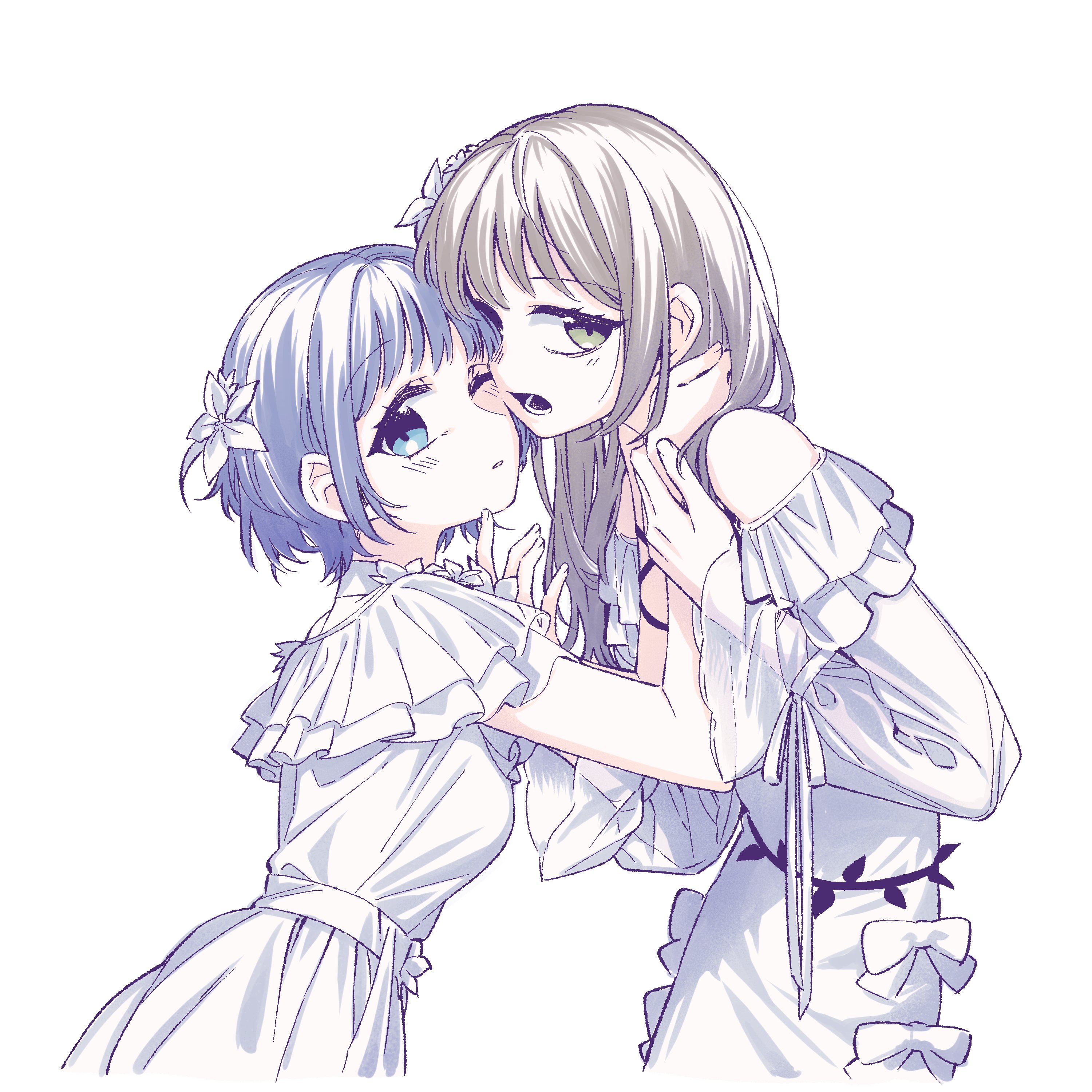 neonfloyd, bang dream!, absurdres, commentary request, highres, korean commentary, 2girls, bang dream! our notes, blue eyes, blue hair, brown hair, dress, flower, green eyes, hair flower, hair ornament, hamasaki mahoro, hand in another's hair, kotohira nagi, long hair, long sleeves, multiple girls, one eye closed, open mouth, parted lips, short sleeves, simple background, white background, white dress, yuri