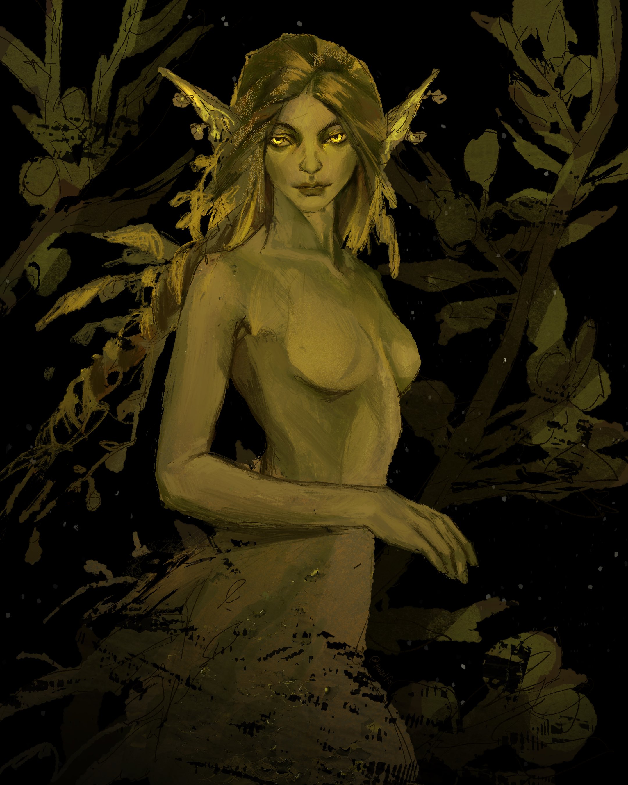 original, absurdres, commentary, english commentary, highres, 1girl, black background, braid, green theme, light particles, long hair, mermaid, monster girl, nude, painterly, pointy ears, seaweed, simple background, single braid, smile, solo, twulfs, very long hair, yellow eyes