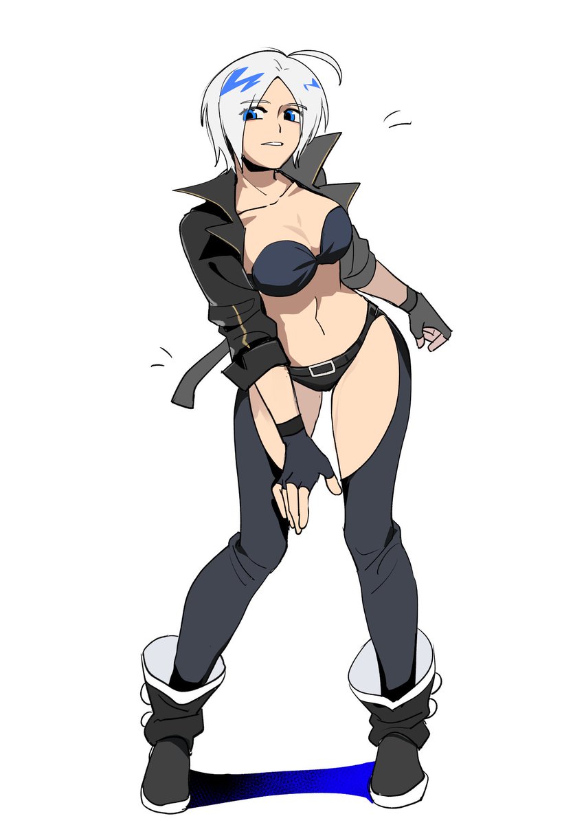 angel (kof), the king of fighters, 1girl, amo brief, blue eyes, boots, breasts, curvy, female focus, huge breasts, jacket, large breasts, leather, pale skin, panties, short hair, standing, thick thighs, thighs, underwear, white hair, wide hips