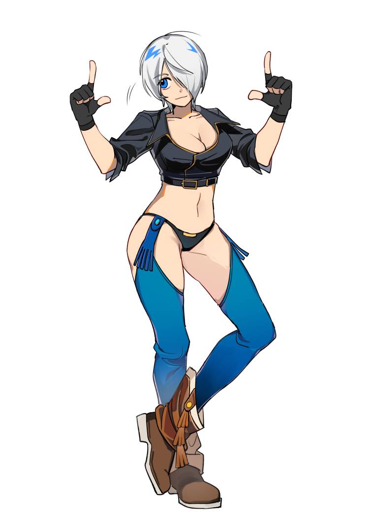 angel (kof), the king of fighters, 1girl, amo brief, blue eyes, boots, breasts, female focus, huge breasts, jacket, large breasts, leather, pale skin, panties, short hair, smile, smiley face, standing, thick thighs, thighs, underwear, white hair