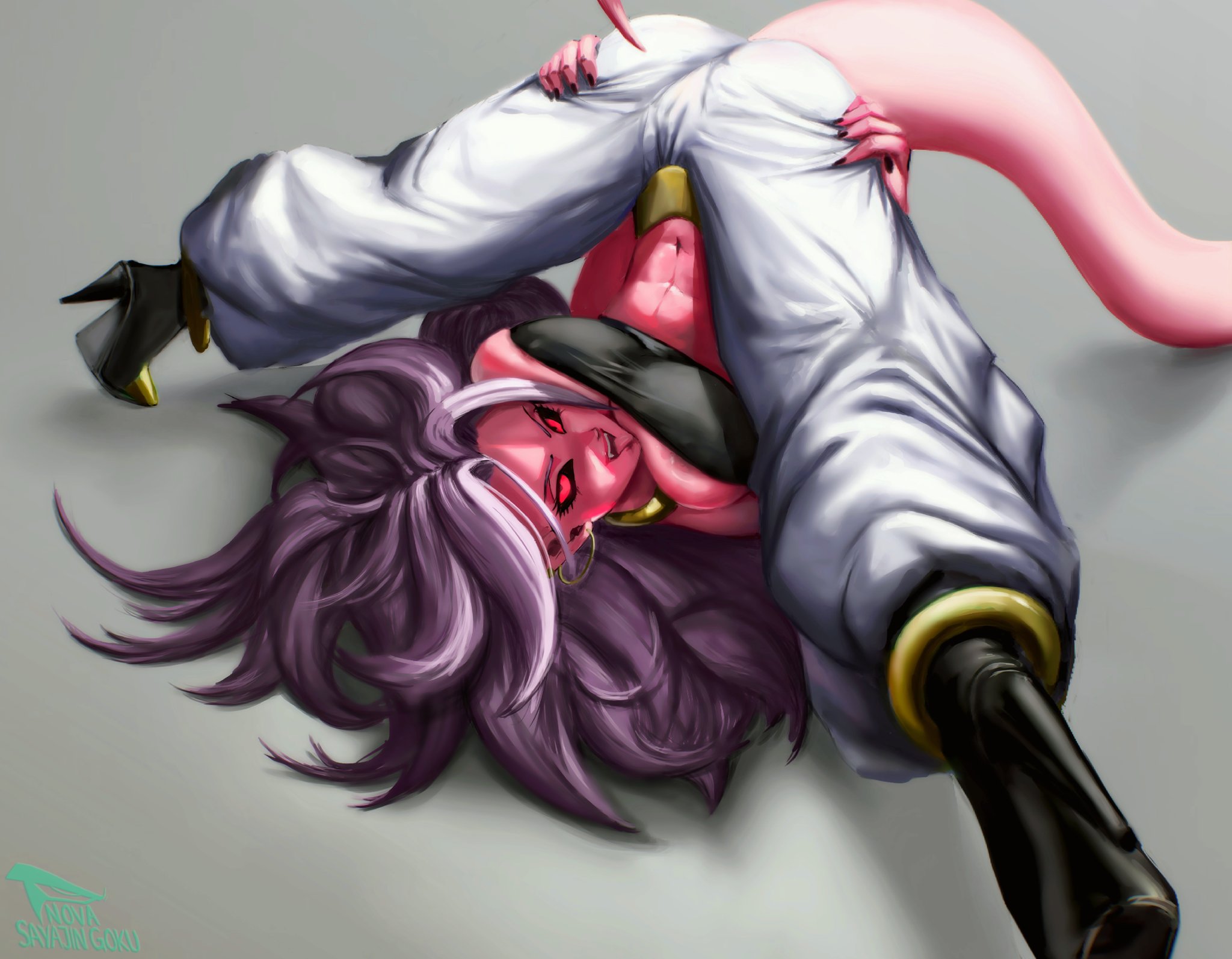 novasayajingoku, android 21, majin android 21, dragon ball, dragon ball fighterz, absurdres, highres, 1girl, abs, bandeau, black sclera, breasts, cleavage, colored sclera, colored skin, earrings, fangs, female focus, full body, harem pants, high heels, jewelry, large breasts, long hair, looking at viewer, nail polish, navel, pants, pink hair, pink skin, red eyes, skindentation, solo, spread legs, tail, tongue, tongue out, top-down bottom-up