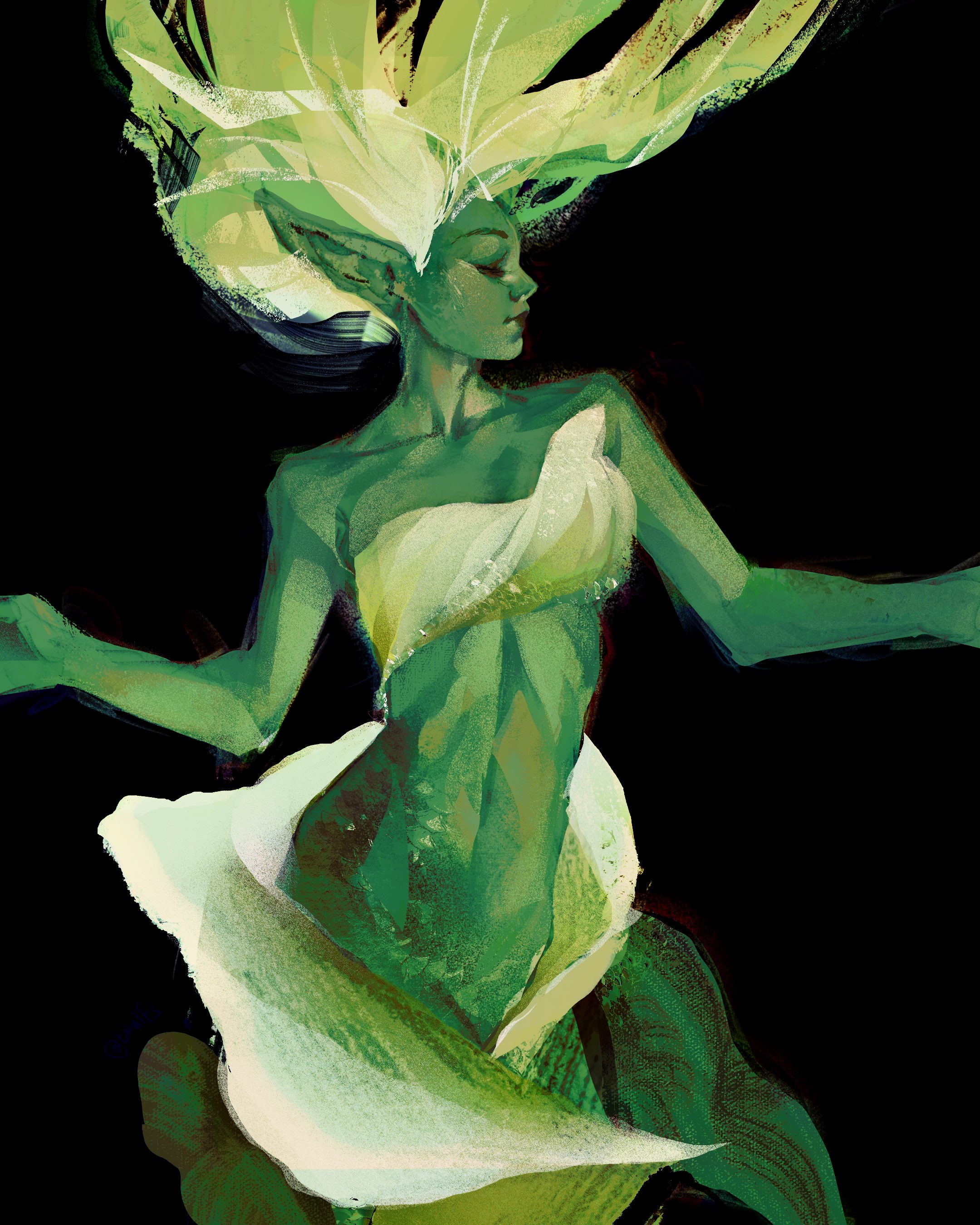 original, absurdres, commentary, english commentary, highres, 1girl, black background, closed eyes, colored skin, facing to the side, floating hair, flower, flower dress, green skin, green theme, hands up, lily (flower), long hair, mermaid, monster girl, painterly, pointy ears, simple background, smile, solo, twisted torso, twulfs