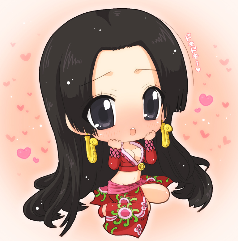 hahifuhe, boa hancock, one piece, 1girl, amazon lily, amazon warrior, black eyes, black hair, blush, breasts, chibi, cleavage, earrings, female focus, heart, jewelry, long hair, skirt, snake, solo
