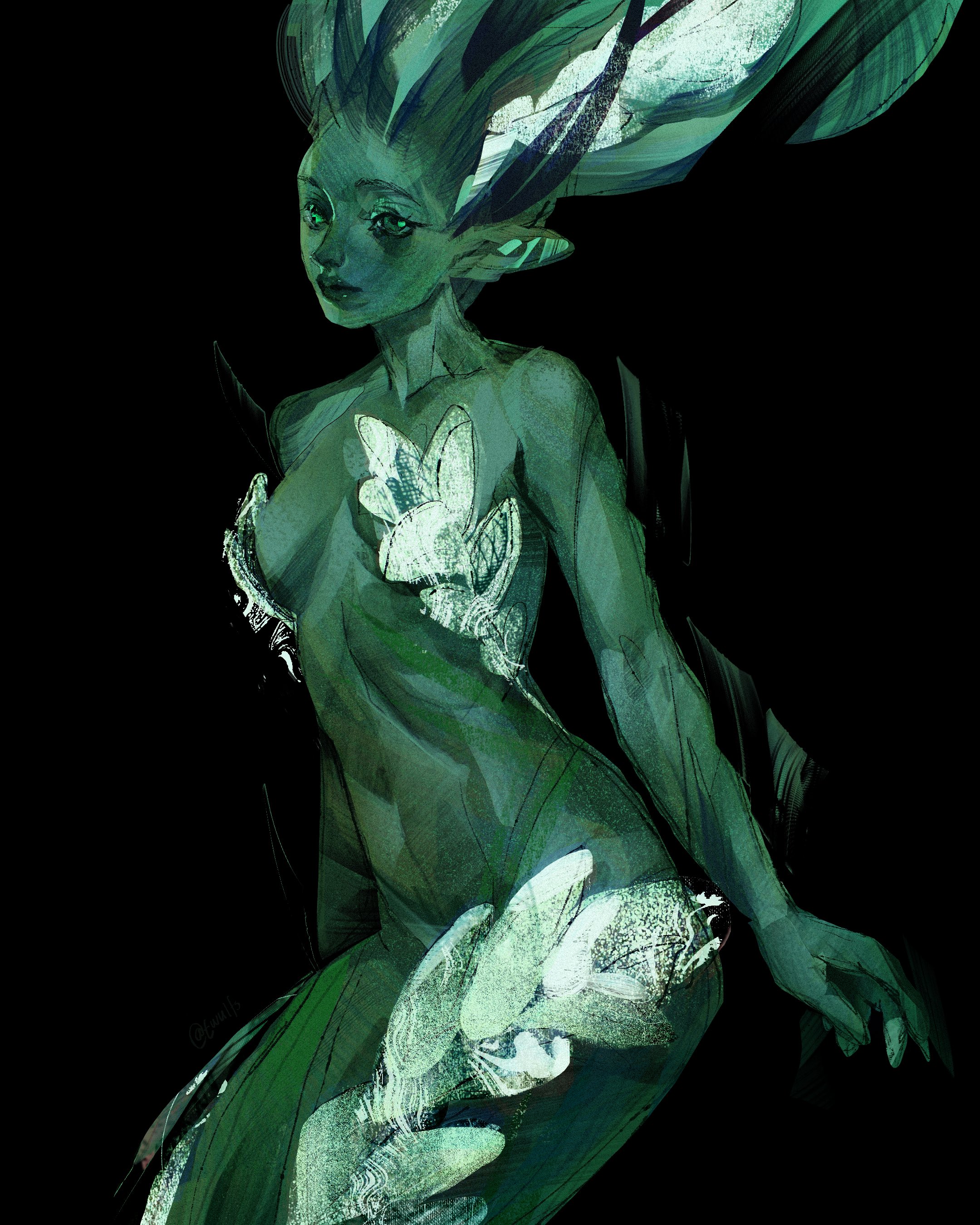 original, absurdres, commentary, english commentary, highres, 1girl, black background, body markings, colored skin, covered erect nipples, floating hair, green eyes, green skin, head tilt, looking at viewer, mermaid, monster girl, painterly, pointy ears, simple background, solo, twisted torso, twulfs