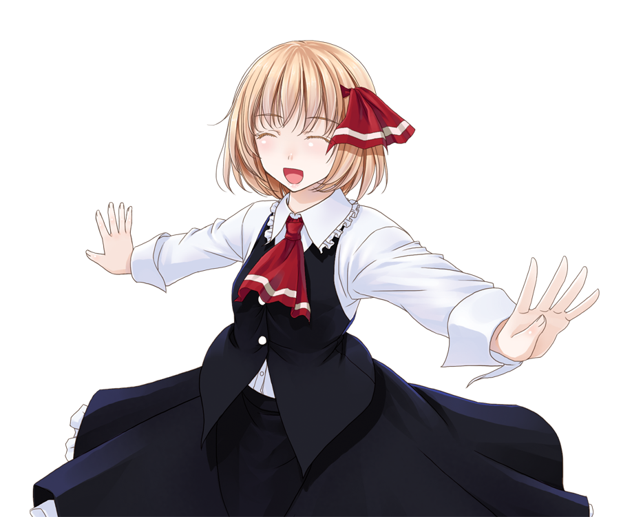 crote, rumia, touhou, commentary request, large variant set, variant set, 1girl, :d, ascot, black skirt, black vest, blonde hair, buttons, closed eyes, collared shirt, cowboy shot, fingernails, frilled shirt collar, frilled skirt, frills, hair ribbon, long sleeves, open mouth, outstretched arms, red ascot, red ribbon, ribbon, shirt, shirt tucked in, short hair, skirt, sleeve cuffs, smile, solo, spread arms, tachi-e, transparent background, vest, white shirt, wing collar