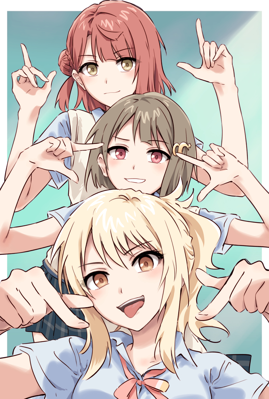 yukitake (bullfalk), miyashita ai, nakasu kasumi, uehara ayumu, love live!, love live! nijigasaki high school idol club, commentary, highres, revision, 3girls, blonde hair, blue shirt, blue skirt, closed mouth, collared shirt, crescent, crescent hair ornament, hair bun, hair ornament, medium hair, multiple girls, neck ribbon, nijigasaki school uniform, open mouth, orange eyes, pink hair, pink ribbon, plaid clothes, plaid skirt, pointing, pointing at self, pointing at viewer, pointing up, ponytail, red eyes, ribbon, school uniform, shirt, short hair, short sleeves, sidelocks, single side bun, skirt, smile, summer uniform, swept bangs, upper body, vest, yellow eyes, yellow vest