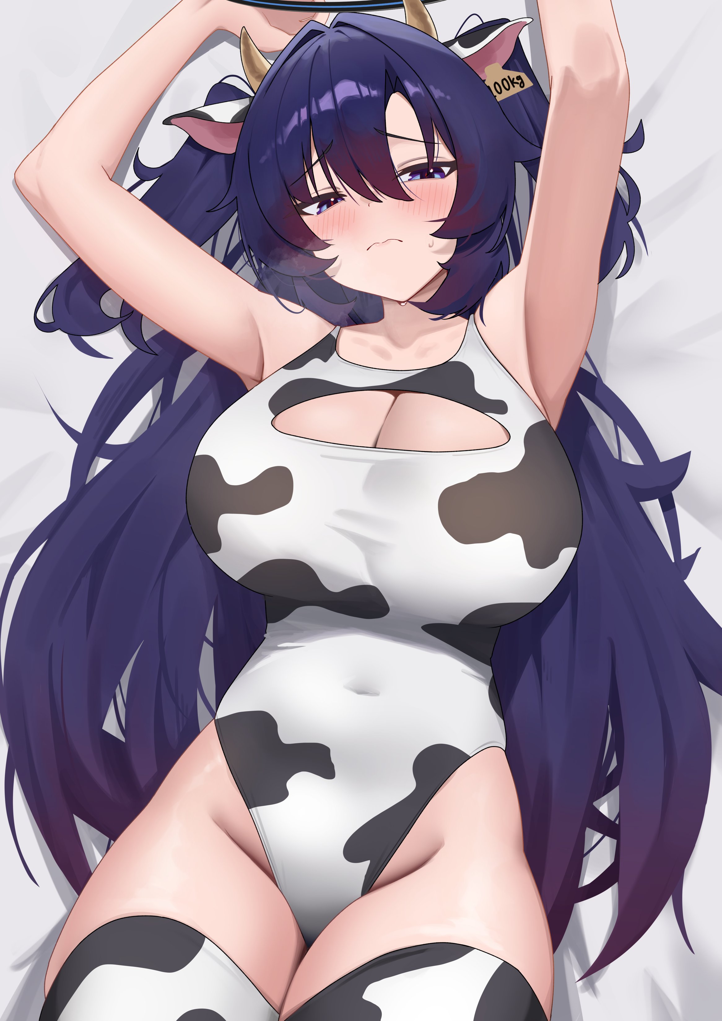 mcbox, yuuka (blue archive), blue archive, absurdres, commentary, highres, 1girl, animal ear hairband, animal ears, animal print, armpits, arms up, black halo, blush, breasts, cleavage, cleavage cutout, clothing cutout, cow ear hairband, cow ears, cow horns, cow print, cow print thighhighs, fake animal ears, hairband, halo, highleg, highleg one-piece swimsuit, horns, large breasts, long hair, looking at viewer, mechanical halo, one-piece swimsuit, open mouth, print thighhighs, solo, swimsuit, thighhighs
