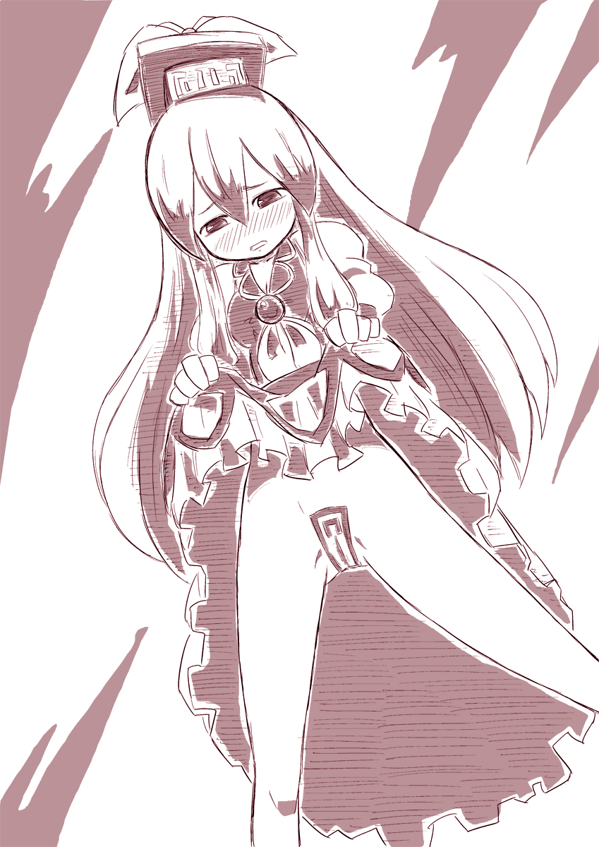 sonson (eleven), kamishirasawa keine, touhou, highres, 1girl, blush, clothes lift, dress, dress lift, female focus, hat, long hair, maebari, monochrome, no panties, skirt, skirt lift, solo, very long hair