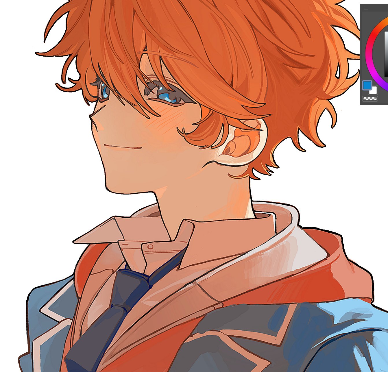 akehoshi subaru, ensemble stars!, commentary, highres, korean commentary, 1boy, blazer, blue eyes, blue jacket, blue necktie, blush, chundogs 77, closed mouth, color wheel, hair between eyes, hood, hoodie, jacket, lapels, looking at viewer, male focus, necktie, orange hair, pink hoodie, school uniform, short hair, simple background, smile, solo, upper body, white background, yumenosaki school uniform