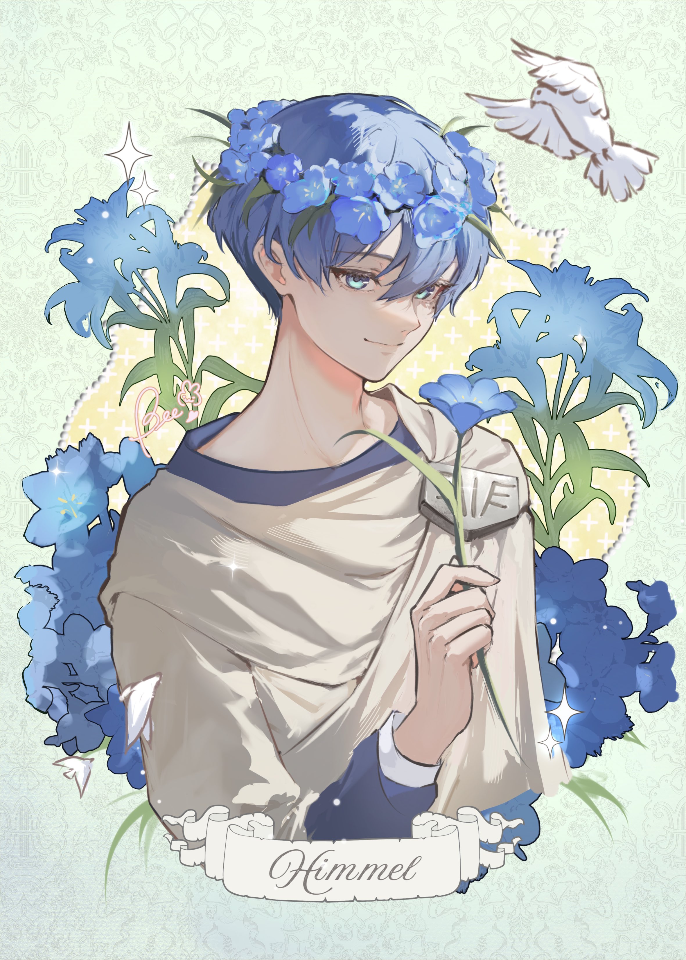 beebee1120, himmel (sousou no frieren), sousou no frieren, absurdres, commentary, english commentary, highres, 1boy, animal, bird, blue flower, blue shirt, character name, closed mouth, cropped torso, double-parted bangs, flower, flower wreath, hair between eyes, holding, holding flower, long sleeves, male focus, shawl, shirt, short hair, smile, solo, white bird, white shawl