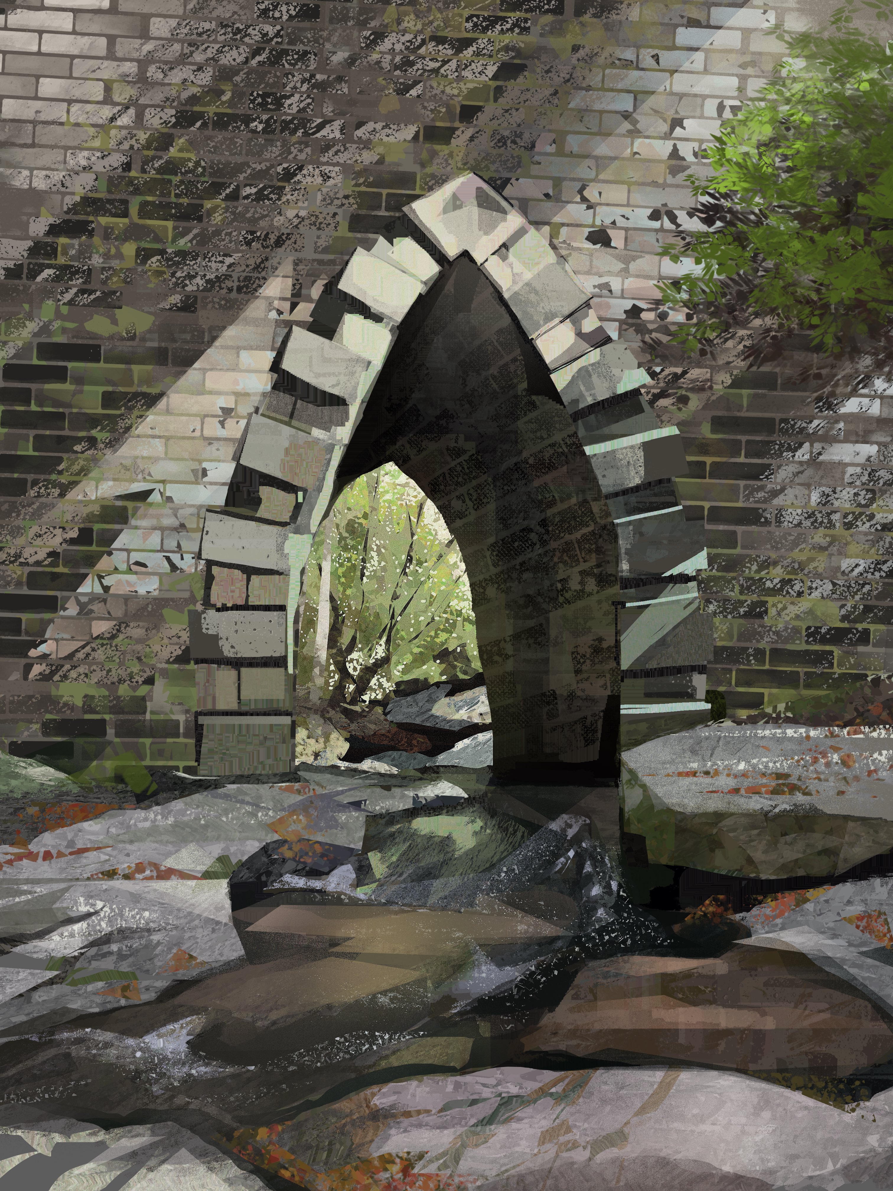 original, absurdres, commentary, highres, symbol-only commentary, autumn, brick, bridge, falling leaves, landscape, leaf, light rays, nature, no humans, outdoors, painterly, river, rock, scenery, tree, twulfs, water