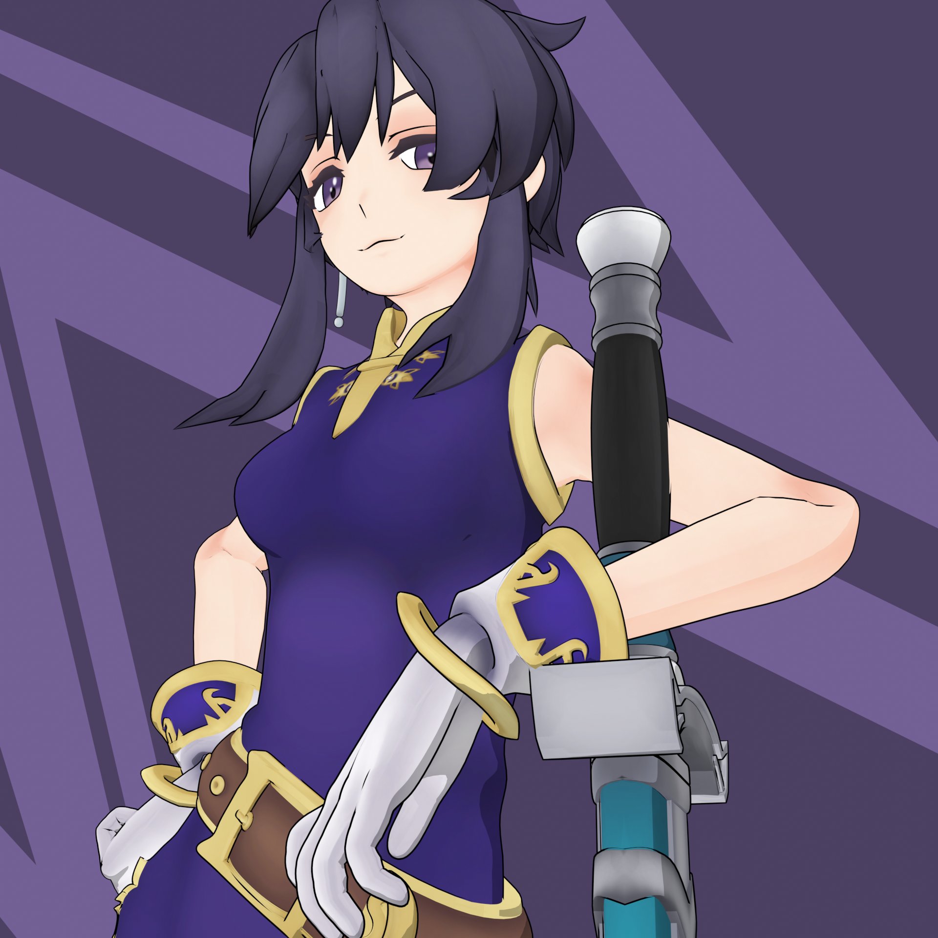 larcei (fire emblem), fire emblem, fire emblem: genealogy of the holy war, nintendo, blender (medium), commentary, commission, commissioner upload, english commentary, highres, 1girl, 3d, :3, belt, black hair, boots, bracelet, breasts, gloves, hand on own hip, jewelry, leaning on object, looking at viewer, planted, planted sword, planted weapon, purple eyes, purple tunic, sheath, short hair, sidelocks, simple background, sleeveless, small breasts, smug, solo, standing, sword, theheat, tunic, weapon