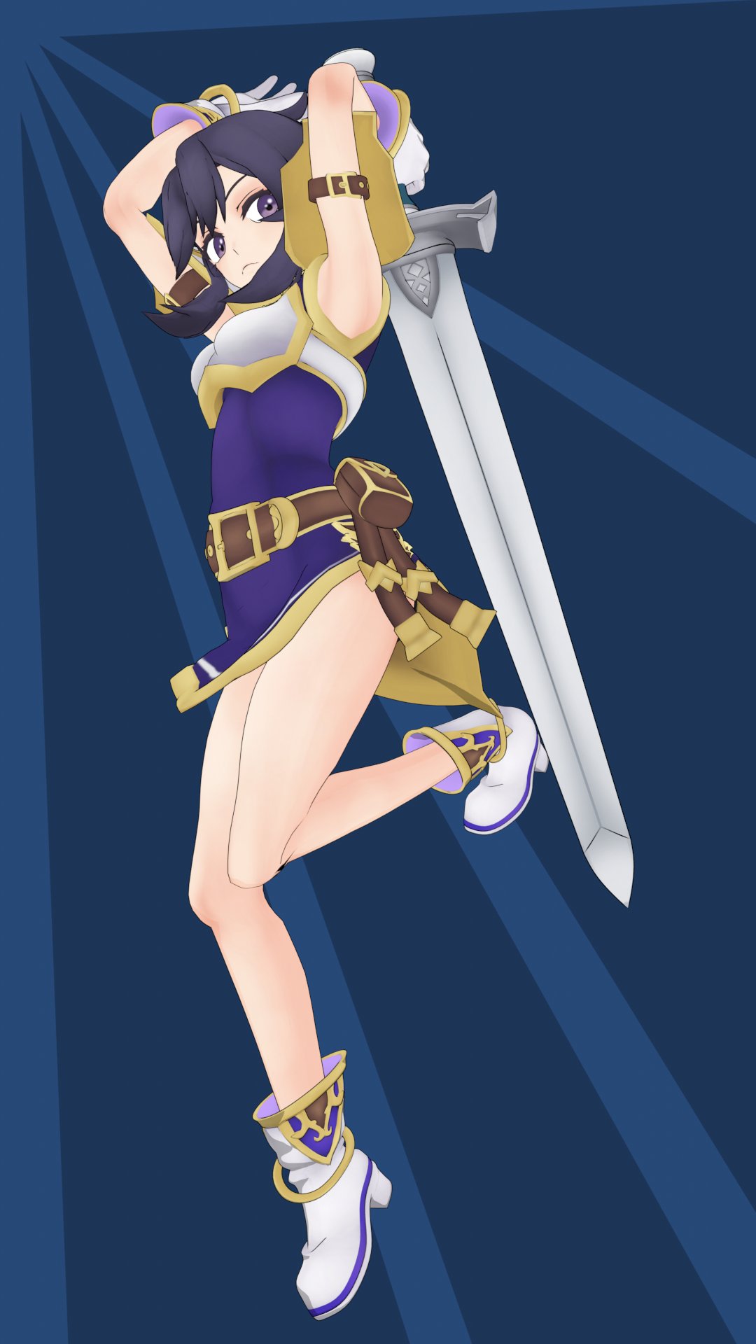 larcei (fire emblem), fire emblem, fire emblem: genealogy of the holy war, nintendo, blender (medium), commentary, commission, commissioner upload, english commentary, highres, 1girl, 3d, anklet, armor, armpits, attack, bare legs, belt, black hair, boots, bracelet, breastplate, breasts, falling, foreshortening, gloves, holding, holding sword, holding weapon, jewelry, looking at viewer, purple eyes, purple tunic, serious, short hair, shoulder armor, sidelocks, simple background, sleeveless, small breasts, solo, sword, theheat, tunic, weapon
