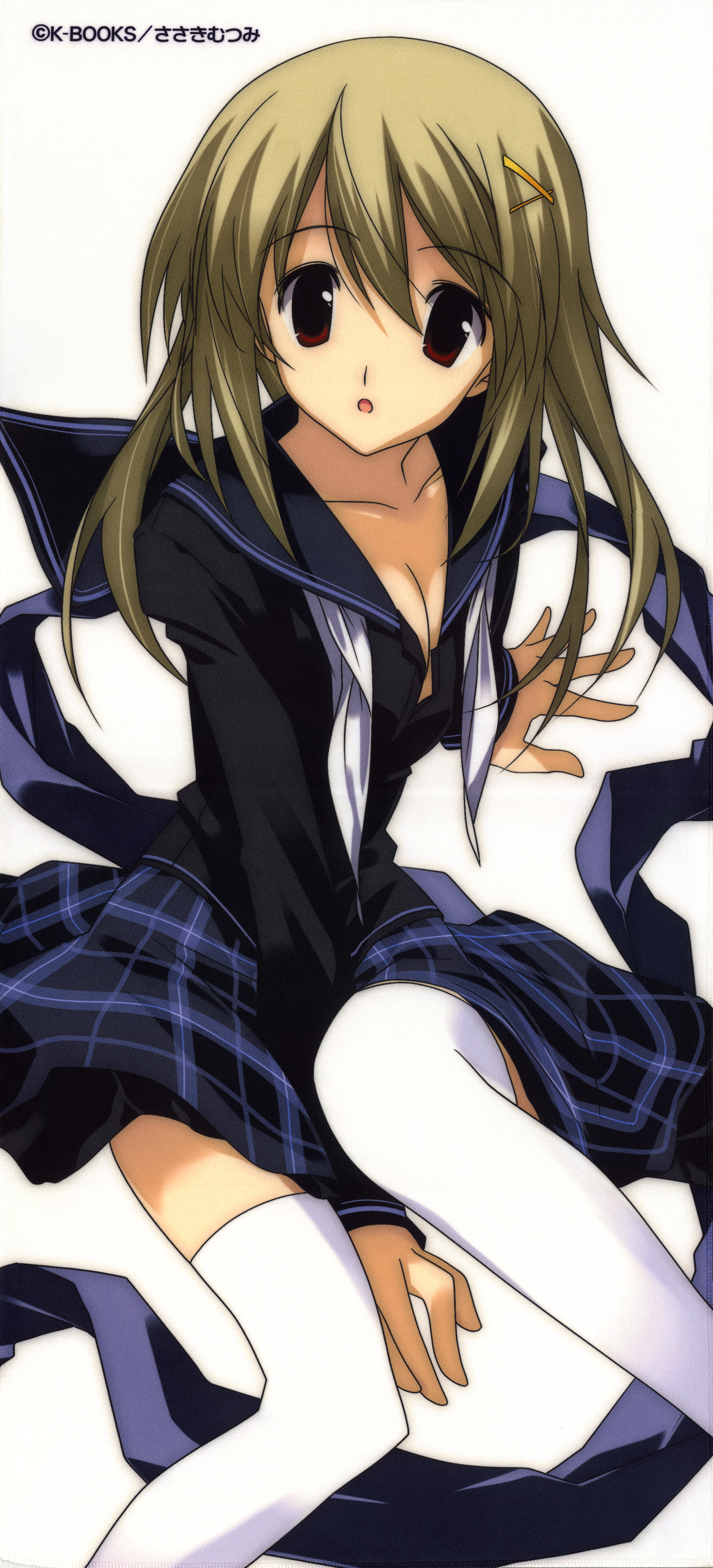 sasaki mutsumi, absurdres, highres, long image, tall image, 1girl, blonde hair, breasts, cleavage, female focus, medium breasts, plaid clothes, plaid skirt, red eyes, skirt, solo, stick poster, thighhighs, white thighhighs