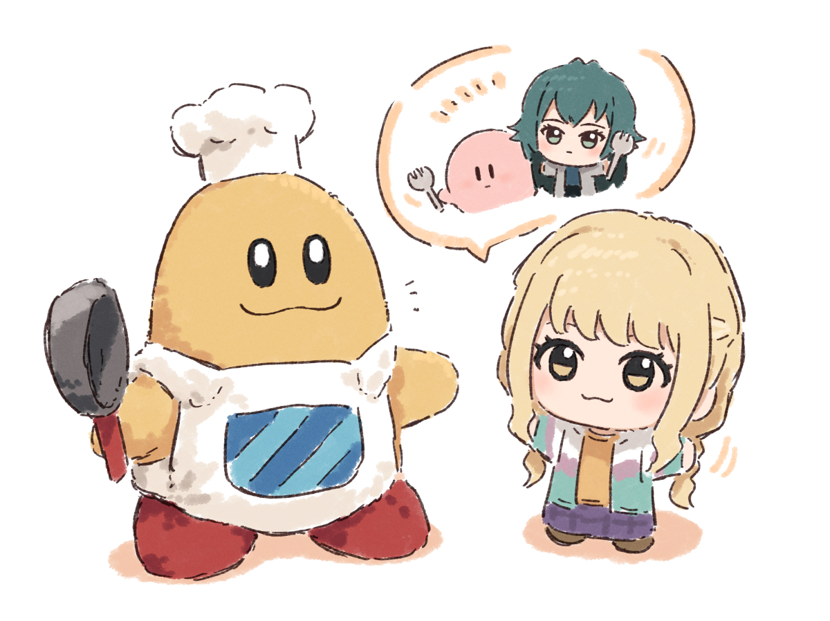yukitake (bullfalk), chef kawasaki, fujita kotone, kirby, tsukimura temari, gakuen idolmaster, idolmaster, kirby (series), nintendo, commentary request, revision, 2girls, :3, blonde hair, braid, chef hat, chibi, chibigurumi, closed mouth, coat, crossover, expressionless, fork, frying pan, full body, green eyes, green hair, green jacket, grey coat, hair flaps, hat, holding, holding fork, holding frying pan, jacket, long hair, low twin braids, motion lines, multicolored jacket, multiple girls, notice lines, open clothes, open coat, open jacket, plaid clothes, plaid skirt, pleated skirt, purple jacket, purple skirt, shirt, sidelocks, simple background, skirt, smile, speech bubble, standing, twin braids, white background, white jacket, yellow eyes, yellow shirt, | |
