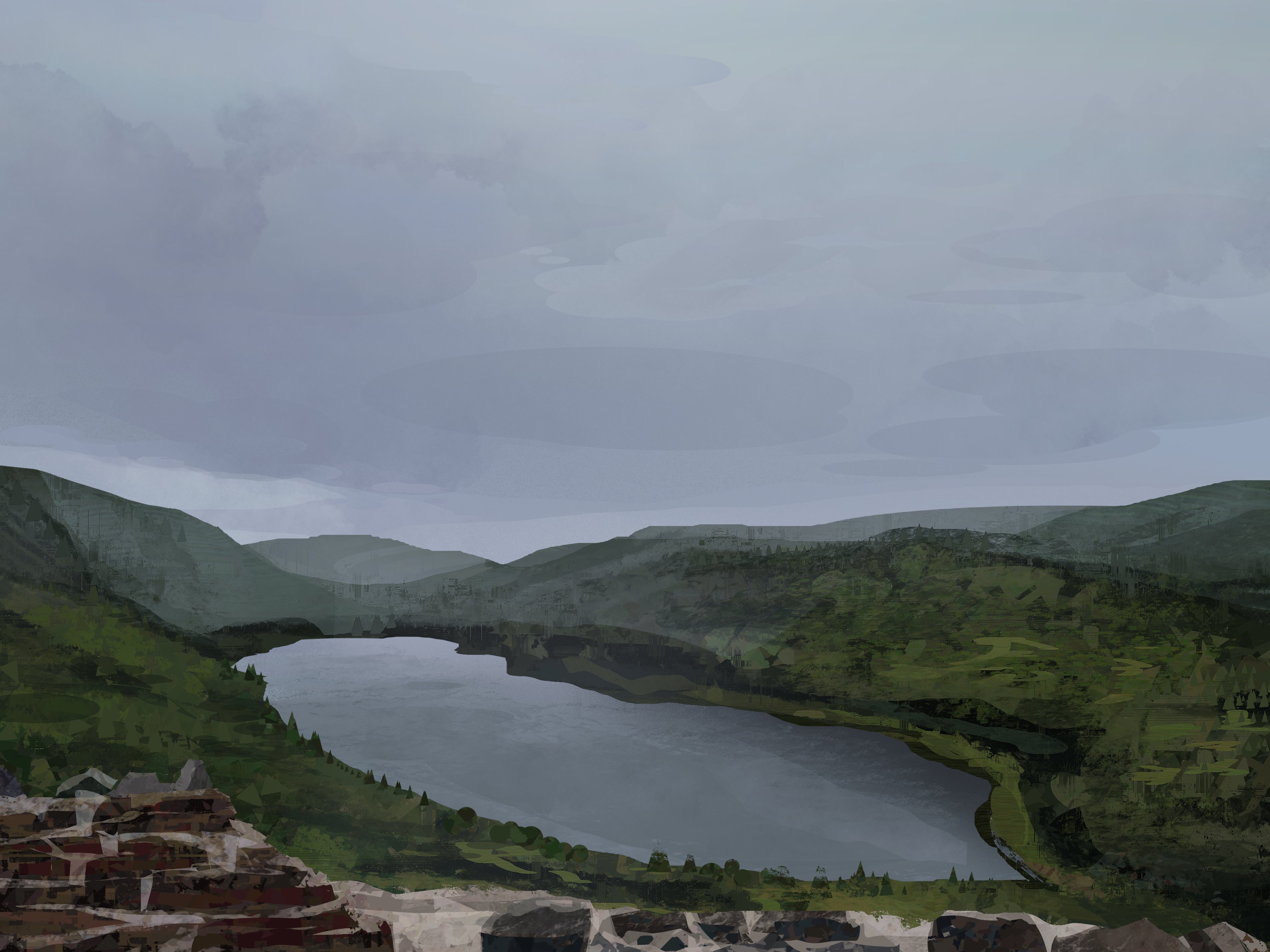 original, absurdres, commentary, highres, symbol-only commentary, building, fog, forest, grey sky, house, lake, landscape, mountainous horizon, nature, no humans, outdoors, painterly, scenery, sky, tree, twulfs, valley, village