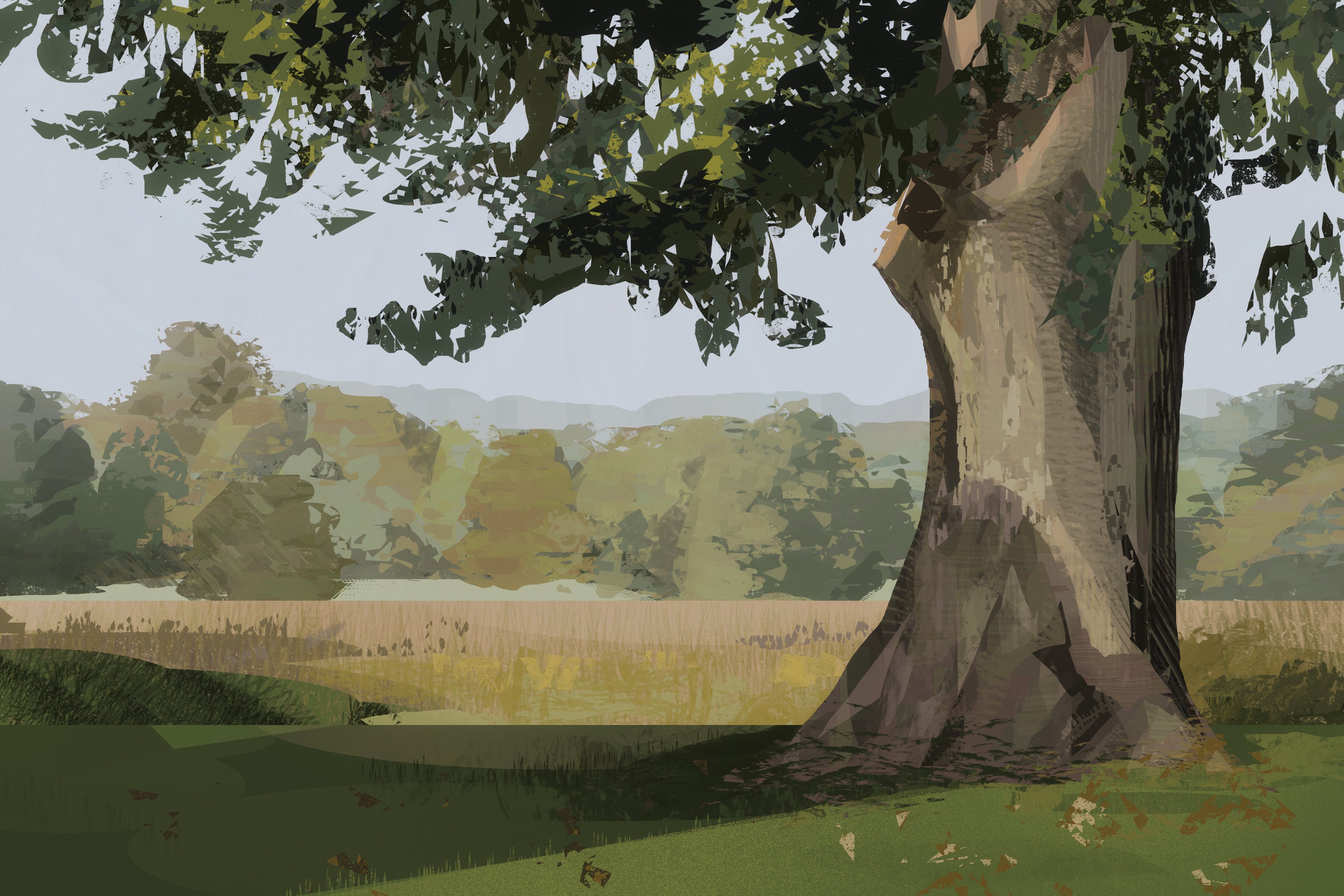 original, absurdres, commentary, highres, symbol-only commentary, blurry, clear sky, day, depth of field, forest, grey sky, landscape, leaf, nature, no humans, outdoors, painterly, scenery, shadow, sky, tree, twulfs