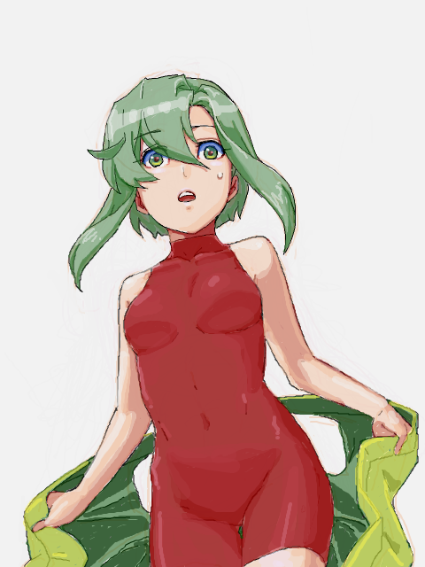 tamura (nex), kazama hazuki, samurai spirits, snk, bad id, bad pixiv id, 1girl, bodysuit, breasts, female focus, green eyes, green hair, latex, matching hair/eyes, oekaki, open mouth, simple background, skin tight, sleeveless, solo, sweatdrop