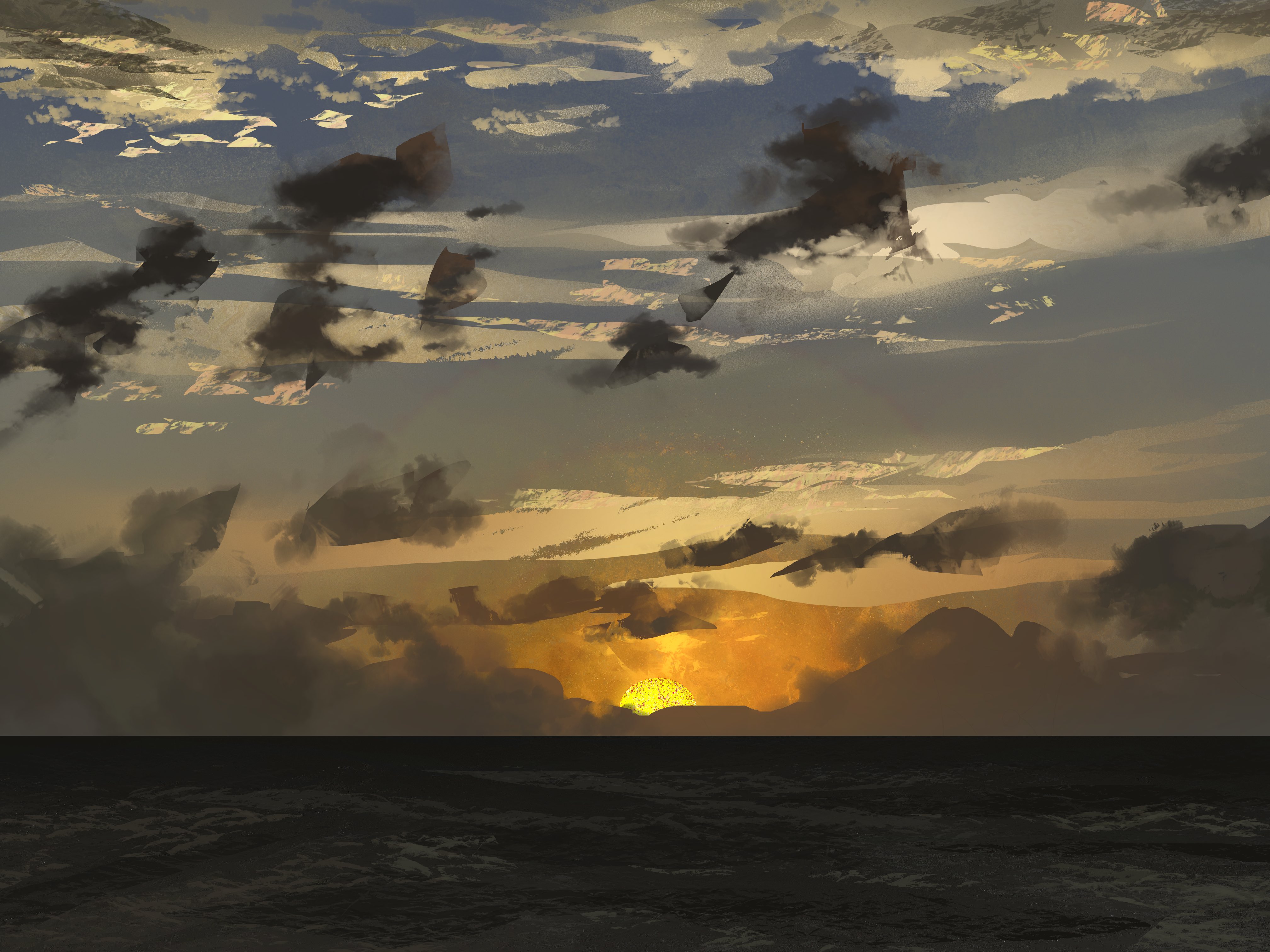 original, absurdres, commentary, highres, symbol-only commentary, cloud, cloudy sky, horizon, landscape, nature, no humans, ocean, outdoors, painterly, scenery, sky, sky focus, sunrise, twulfs