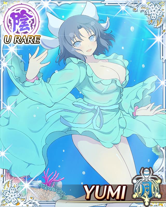 yumi (senran kagura), senran kagura, senran kagura new wave, game cg, official art, third-party source, 1girl, aqua dress, arm up, barefoot, blue eyes, border, bow, bracelet, breasts, card (medium), character name, cleavage, dress, grey hair, hair bow, jewelry, large breasts, looking at viewer, medium hair, open mouth, smile, solo, striped bow, underwater, underwater shot, white bow