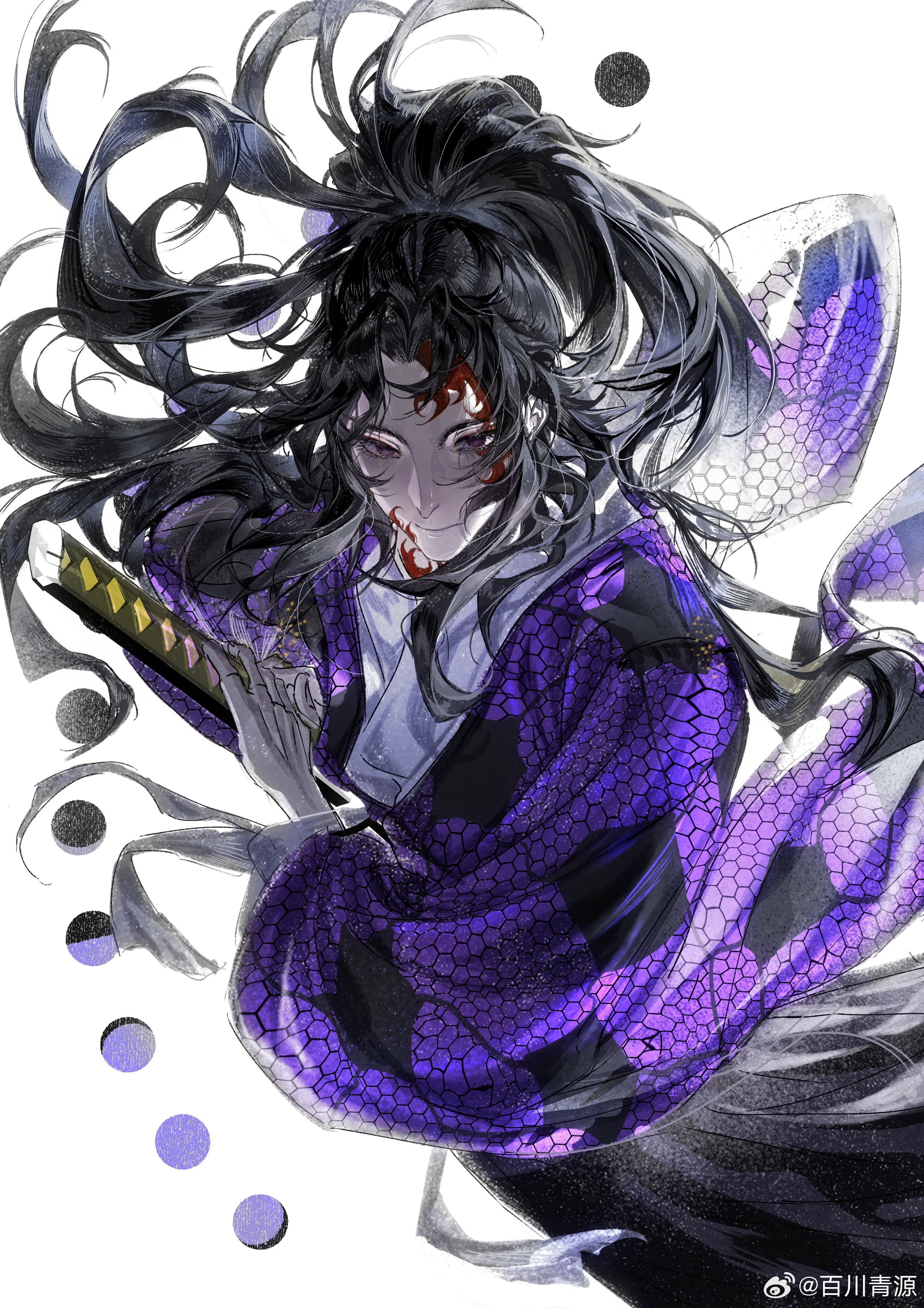 baicumikuo, tsugikuni michikatsu, kimetsu no yaiba, absurdres, chinese commentary, commentary request, highres, 1boy, black hair, black hakama, brown eyes, closed mouth, expressionless, facial mark, hakama, holding, holding sword, holding weapon, japanese clothes, kimono, long hair, long sleeves, looking at viewer, male focus, moon, pale skin, parted bangs, ponytail, print kimono, purple kimono, scar, scar on face, sheath, sheathed, simple background, sword, very long hair, watermark, weapon, weibo watermark, white background