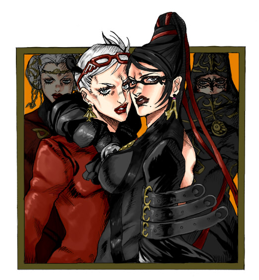 berry-a, bayonetta, jeanne (bayonetta), leone abbacchio, pannacotta fugo, bayonetta (series), bayonetta 1, jojo no kimyou na bouken, bad id, bad pixiv id, 2boys, 2girls, araki hirohiko (style), arm around neck, black hair, black lips, bodysuit, earrings, glasses, grey eyes, jewelry, lipstick, makeup, mole, mole under mouth, multiple boys, multiple girls, parody, style parody, white hair