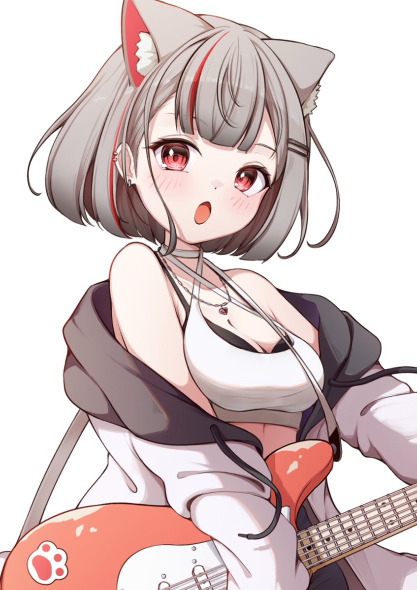gyeou lee, neneko mashiro, stellive, commentary request, highres, korean commentary, 1girl, :o, animal ear fluff, animal ears, black bra, bra, breasts, cat ears, center-flap bangs, cowboy shot, crop top, cropped shirt, double-parted bangs, earclip, grey hair, guitar, halterneck, instrument, jacket, large breasts, looking at viewer, multicolored hair, off shoulder, open clothes, open jacket, open mouth, red eyes, shirt, short hair, simple background, sleeveless, sleeveless shirt, solo, standing, streaked hair, underwear, virtual youtuber, white background, white jacket, white shirt