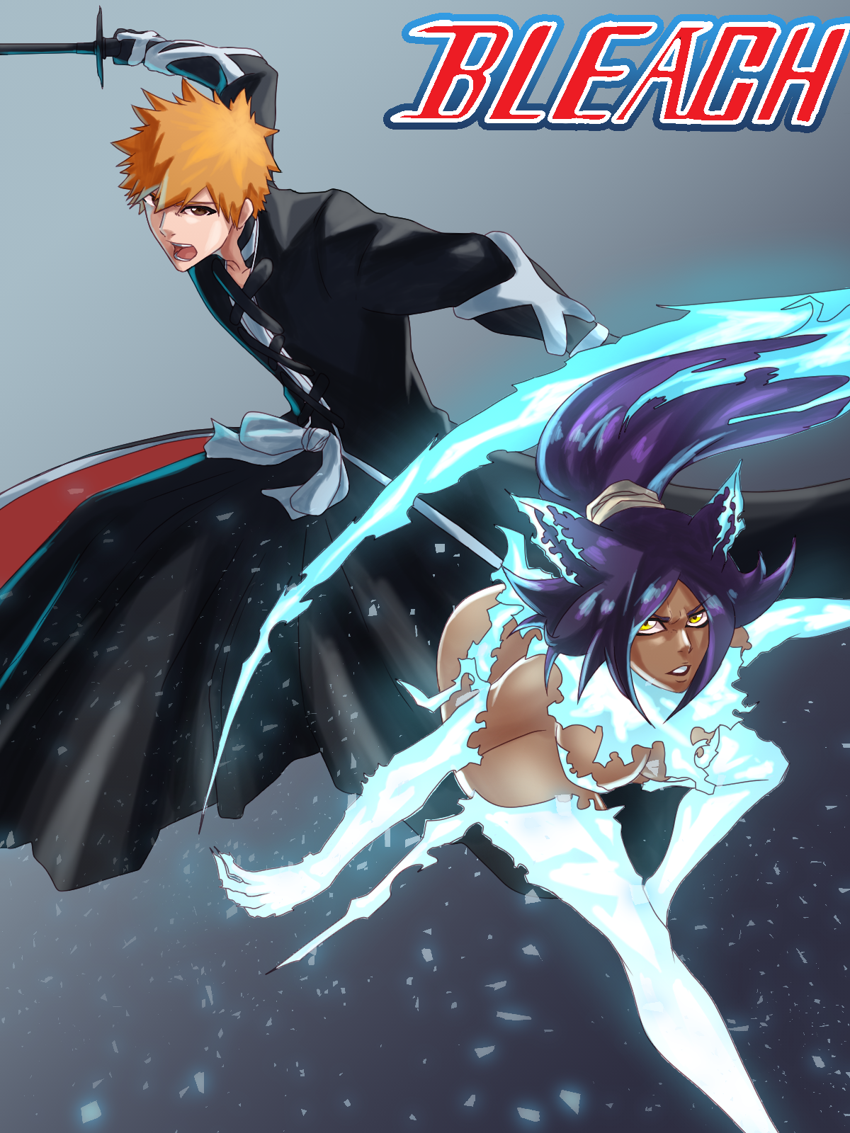 wrykie, kurosaki ichigo, shihouin yoruichi, bleach, bleach: sennen kessen-hen, 1boy, 1girl, 2022, alternate form, bankai, blue electricity, breasts, brown eyes, copyright name, dark-skinned female, dark skin, electricity, electrokinesis, hair ears, hair ornament, holding, holding sword, holding weapon, large breasts, long hair, orange hair, ponytail, purple hair, short hair, spiked hair, sword, tensa zangetsu (bankai), thighs, weapon, yellow eyes, zanpakutou