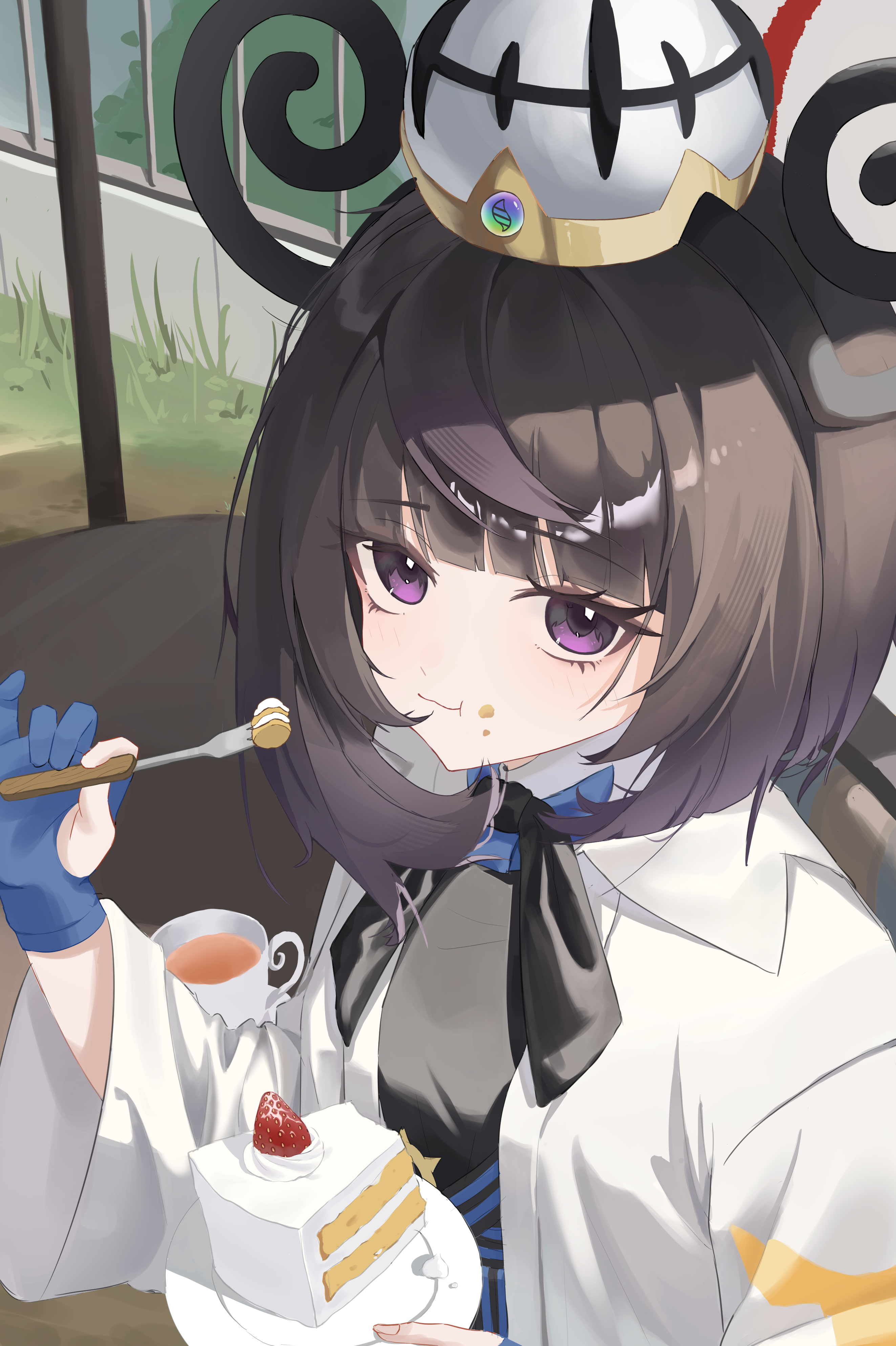 naz (hsae3838), gwynn (pokemon), nintendo, pokemon, pokemon legends: z-a, absurdres, commentary request, highres, korean commentary, 1girl, black dress, black hair, blue gloves, blunt bangs, bob cut, cake, cake slice, closed mouth, coat, cup, dress, eating, food, food on face, fork, fruit, gloves, gradient hair, hat, holding, holding fork, holding plate, long sleeves, looking at viewer, mega stone, multicolored hair, open clothes, open coat, partially fingerless gloves, plate, purple eyes, purple hair, short hair, solo, strawberry, tea, teacup, white coat