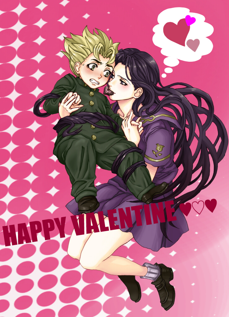 berry-a, hirose koichi, love deluxe, yamagishi yukako, diamond is not crash, jojo no kimyou na bouken, bad id, bad pixiv id, 1boy, 1girl, black hair, blonde hair, blood, blush, brown hair, chocolate, couple, facial hair, fingerless gloves, gakuran, gloves, green eyes, happy valentine, heart, height difference, hetero, long hair, nosebleed, prehensile hair, purple eyes, school uniform, serafuku, shoes, short hair, socks, sweatdrop, valentine
