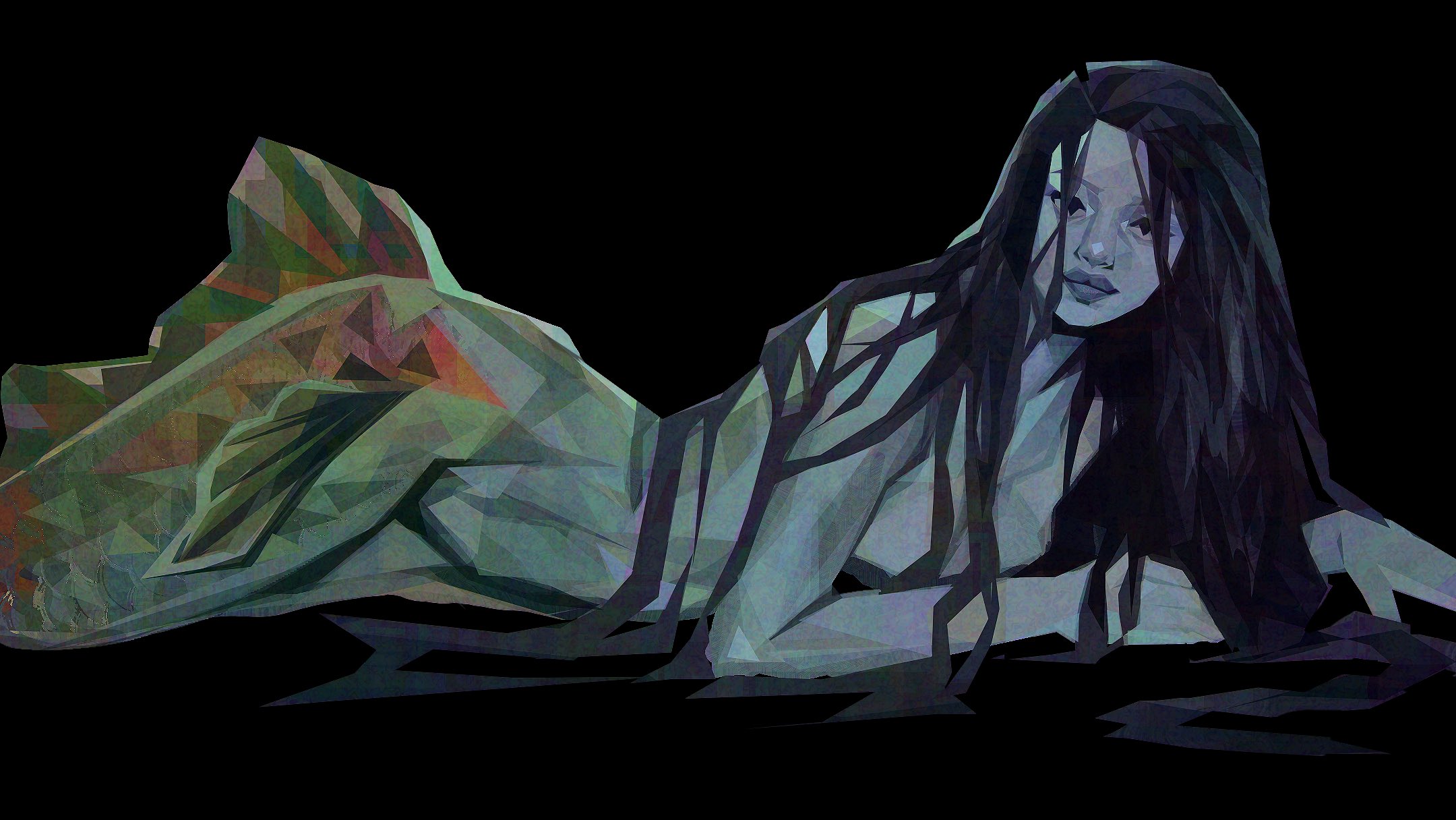 original, commentary request, highres, 1girl, aegyo sal, black background, black eyes, black hair, elbow rest, expressionless, from side, grey lips, long hair, looking at viewer, lying, mermaid, monster girl, nude, on ground, on stomach, painterly, simple background, solo, twulfs, wet, wet hair