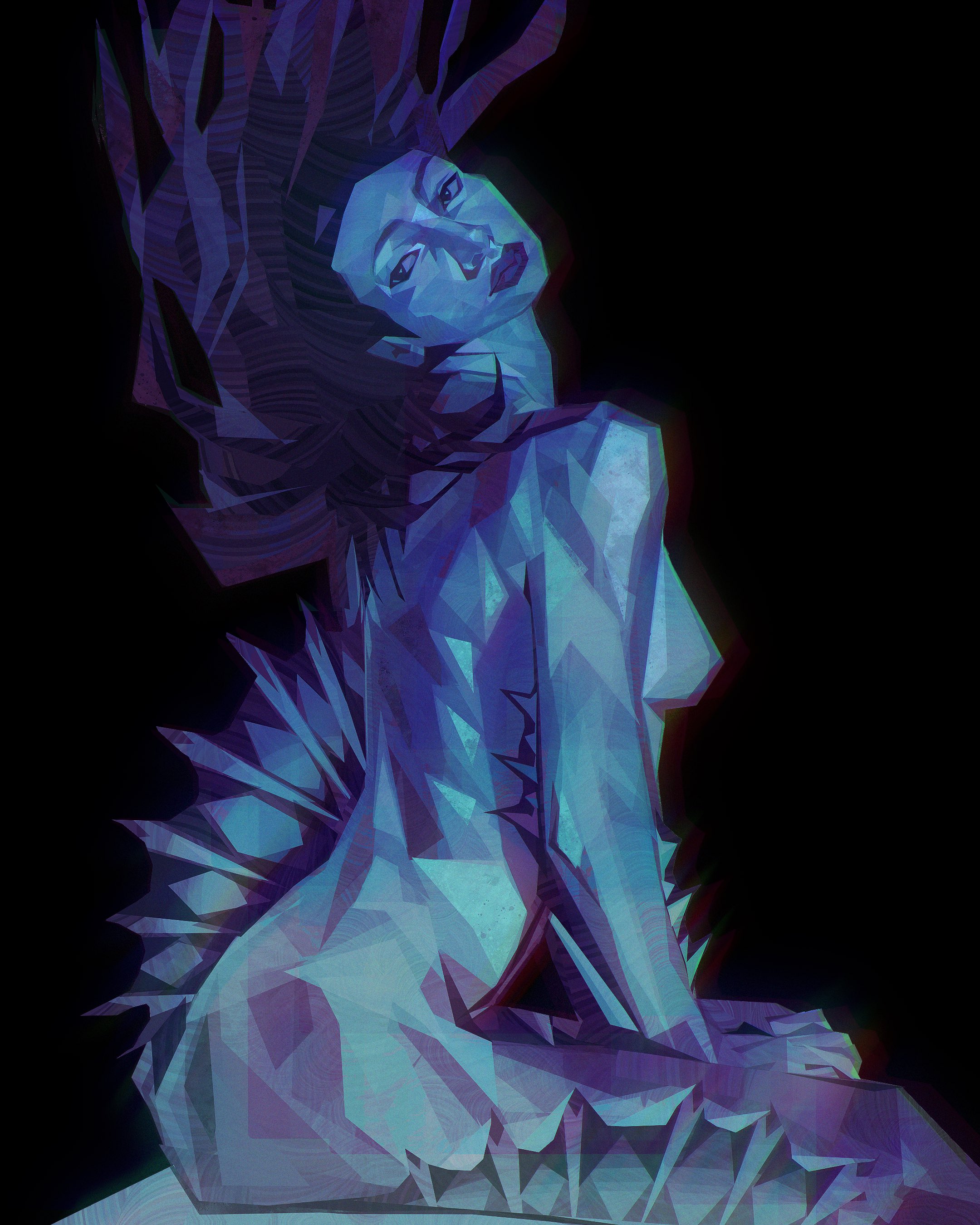 original, absurdres, commentary, highres, symbol-only commentary, 1girl, arm fins, back fin, black background, floating hair, from side, hands on lap, long hair, looking back, mermaid, monster girl, nude, painterly, purple eyes, purple hair, purple lips, ribs, simple background, solo, twulfs