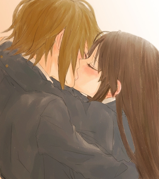 gogono pan'ya, akiyama mio, tainaka ritsu, k-on!, 2girls, alternate hairstyle, blush, brown hair, hair down, hime cut, kiss, long hair, multiple girls, school uniform, short hair, yuri