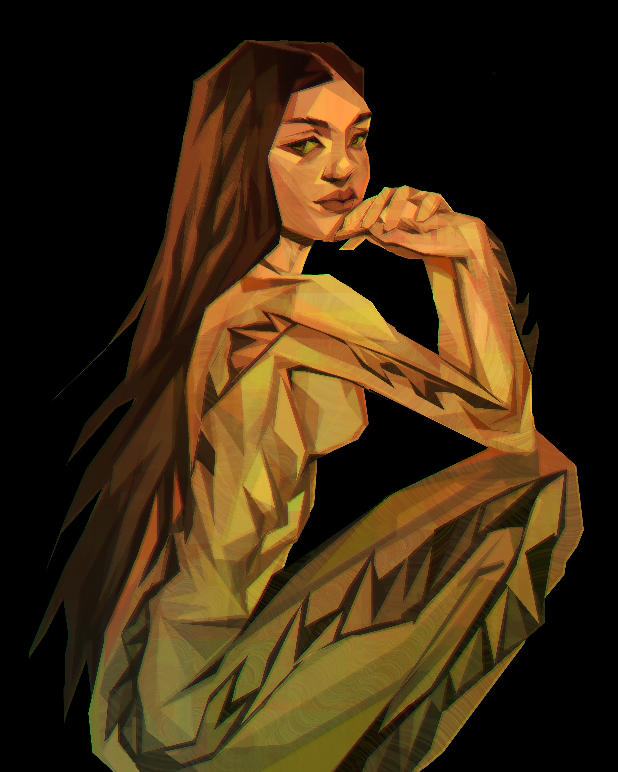 original, absurdres, commentary, highres, symbol-only commentary, 1girl, black background, brown hair, elbows together, expressionless, hand on own chin, long hair, looking at viewer, mermaid, monster girl, nude, own hands together, painterly, simple background, solo, tail raised, twulfs, very long hair, yellow eyes