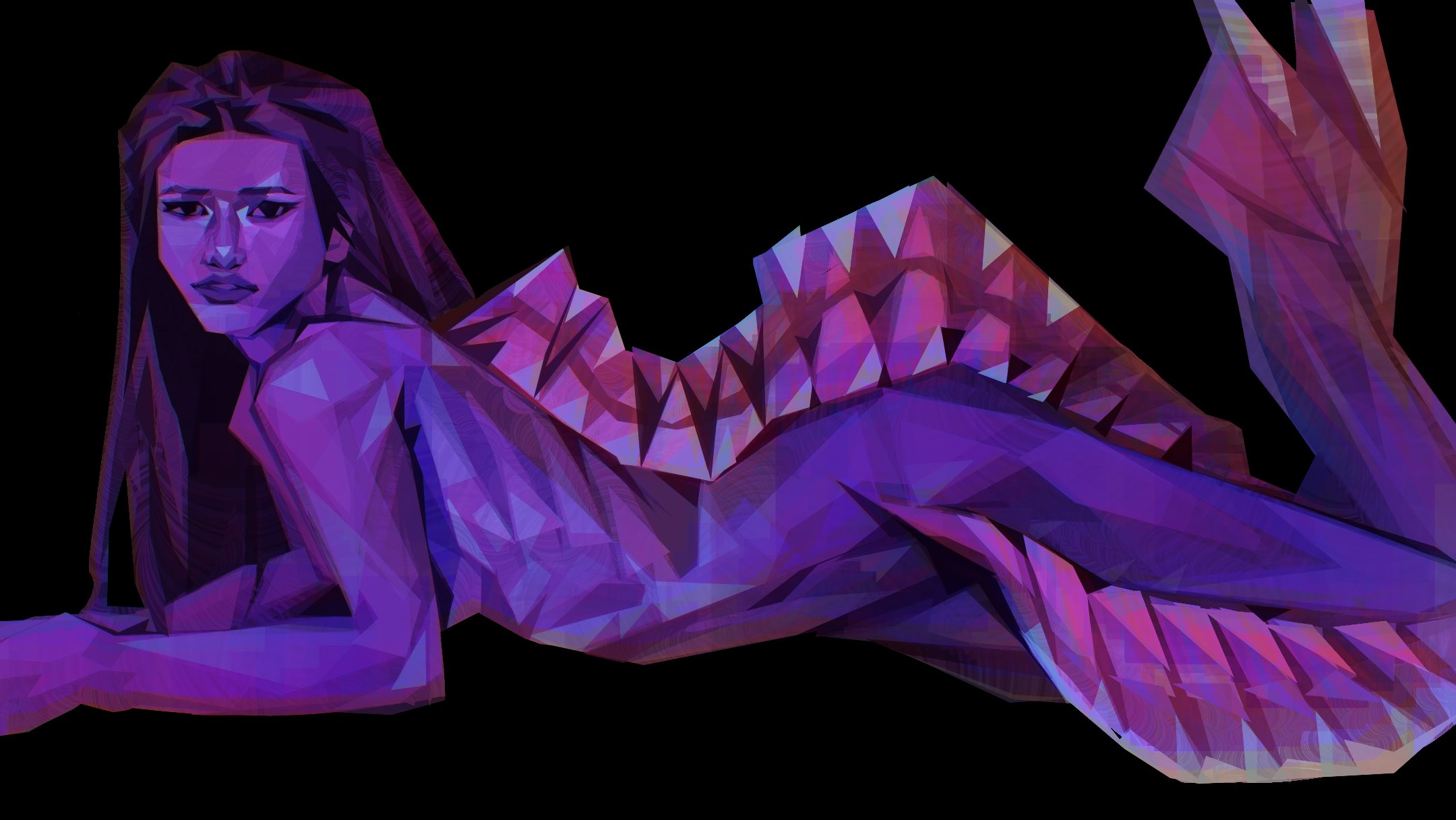 original, commentary request, highres, 1girl, back fin, black background, colored skin, from side, long hair, looking at viewer, lying, mermaid, monster girl, nude, on stomach, own hands together, painterly, parted lips, purple eyes, purple hair, purple lips, purple skin, ribs, simple background, solo, twulfs