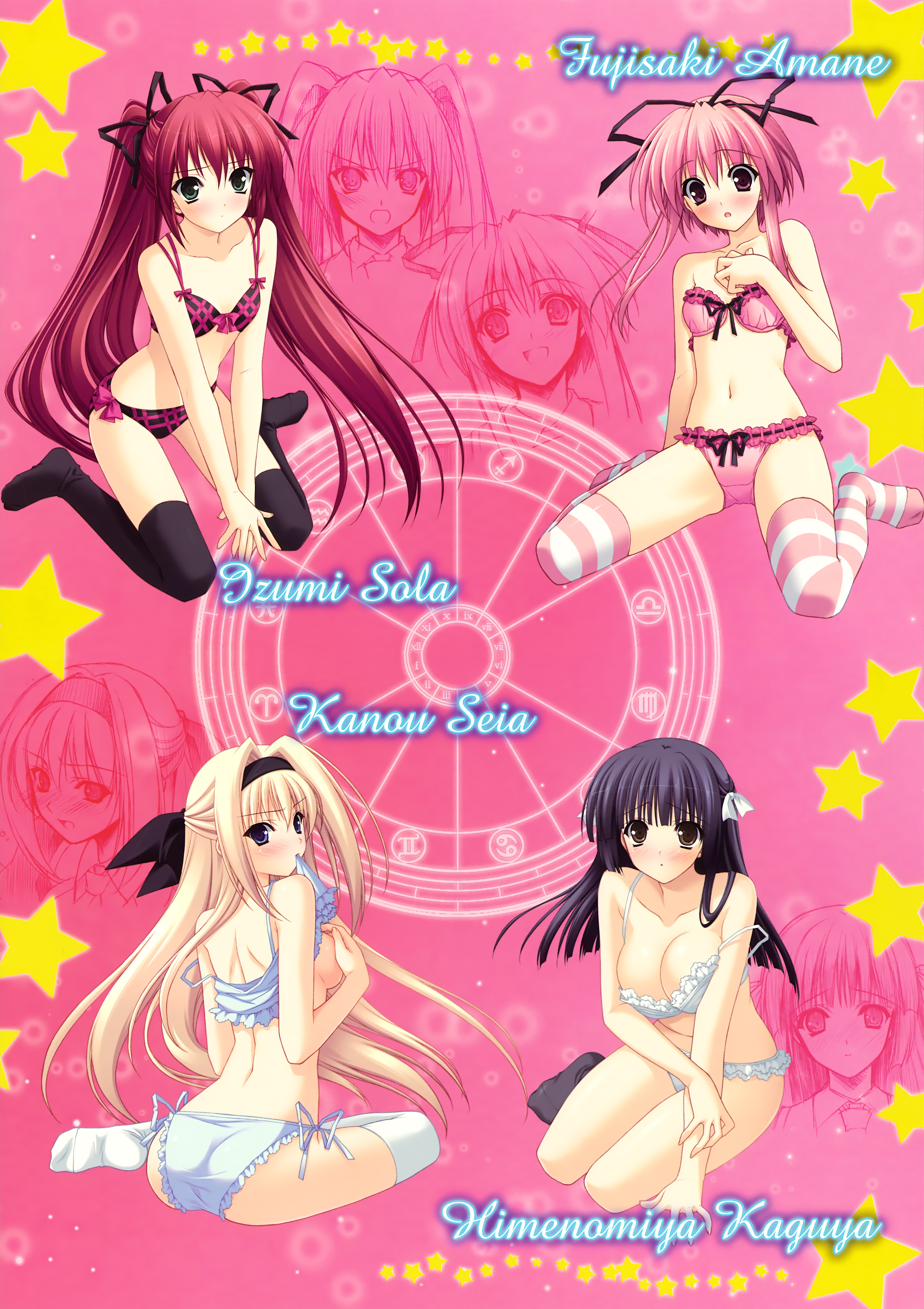 suzuhira hiro, fujisaki amane, himenomiya kaguya, izumi sora, kanou seia, stellar theater, striped legwear, absurdres, highres, 4girls, ass, back, bare shoulders, black hair, black socks, black thighhighs, blonde hair, blue eyes, blunt bangs, blush, bow, bow bra, bra, bra lift, breasts, brown eyes, cleavage, clothes lift, covering breasts, covering privates, flat chest, frills, green eyes, hair bow, hair intakes, hair ribbon, kneehighs, kneeling, lace, lace panties, light particles, lingerie, long hair, mouth hold, multiple girls, multiple views, navel, open mouth, panties, pink eyes, pink hair, red hair, ribbon, short hair, short hair with long locks, side-tie panties, sideboob, sitting, small breasts, socks, star (symbol), star symbol background, strap slip, striped clothes, striped thighhighs, thighhighs, twintails, underwear, underwear only, very long hair, wariza, white thighhighs