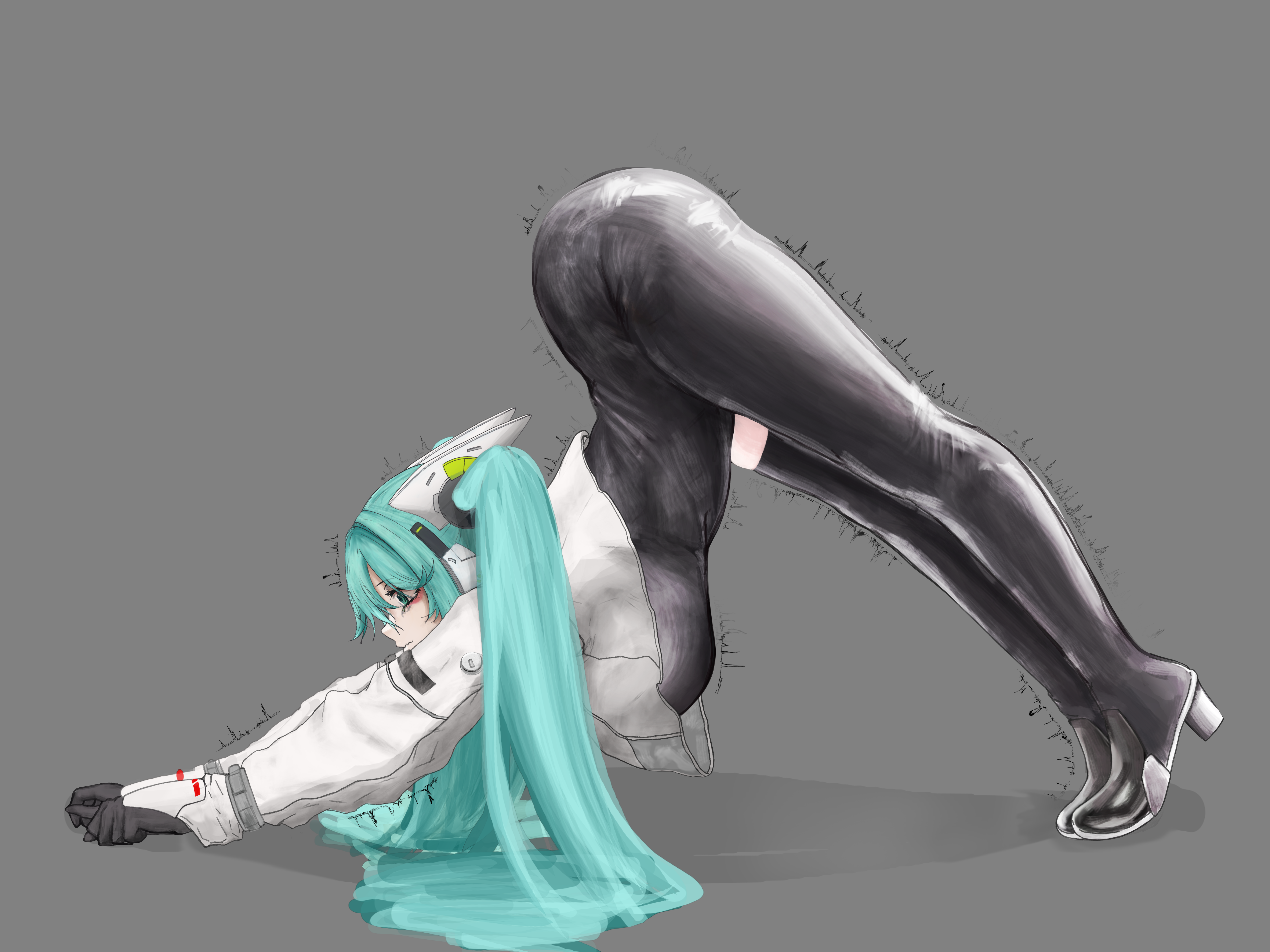hatsune miku, racing miku, racing miku (2022), goodsmile company, goodsmile racing, vocaloid, absurdres, highres, non-web source, 1girl, aqua eyes, aqua hair, ass, bare shoulders, bodysuit, breasts, cat stretch, fujiwarahivida, large breasts, long hair, simple background, stretching