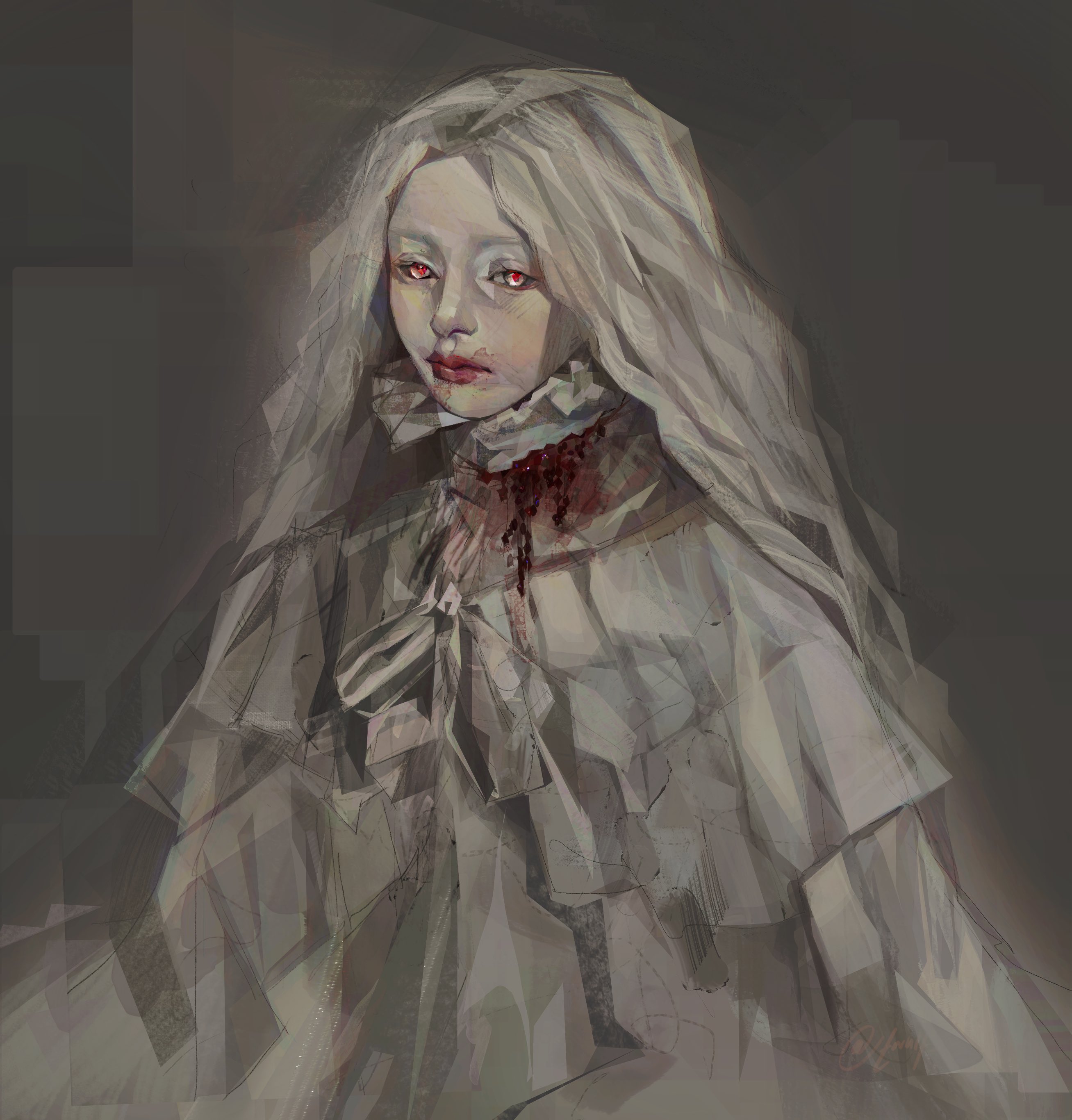 twulfs, original, absurdres, commentary, english commentary, highres, 1girl, blood, blouse, bow, bowtie, long hair, looking at viewer, red eyes, red lips, shirt, slit throat, solo, spot color, upper body, wavy hair, white hair, white shirt